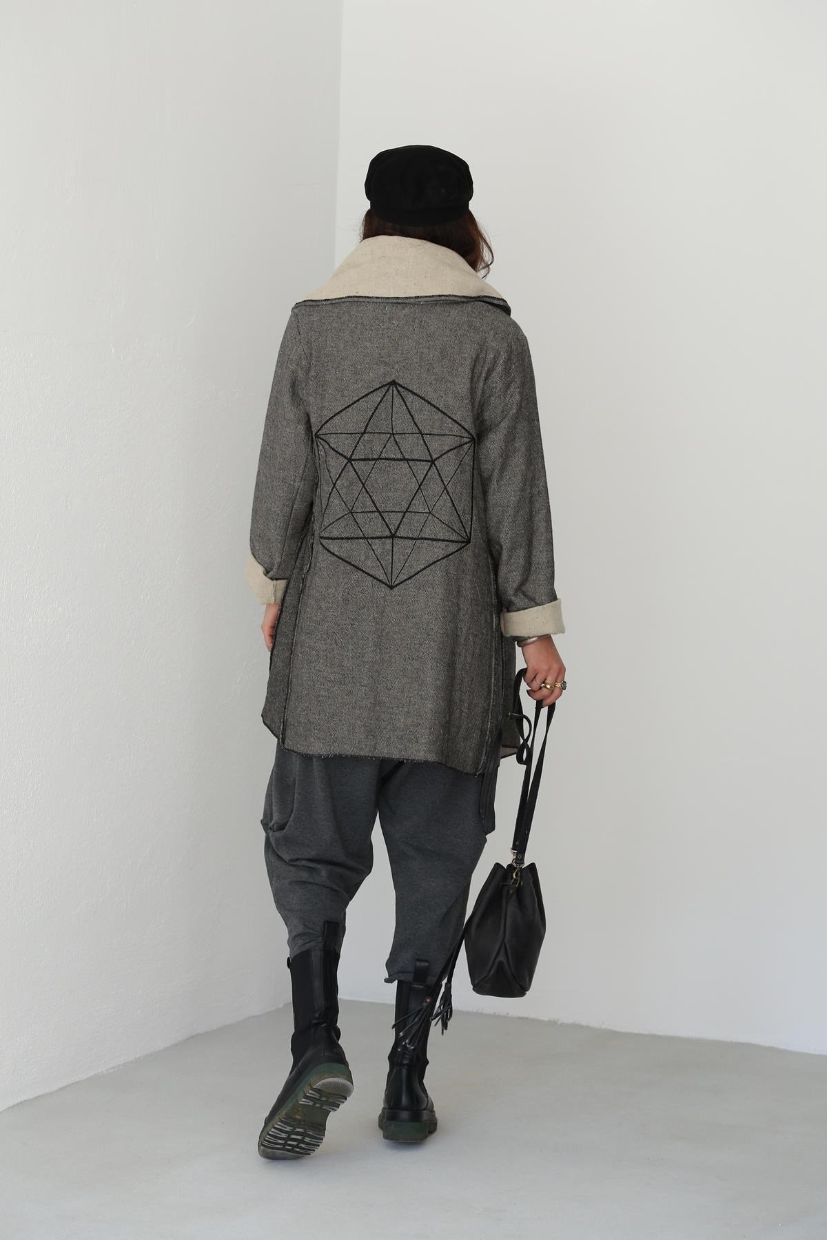 Gri Icosahedron Desenli Tek Düğmeli Ceket