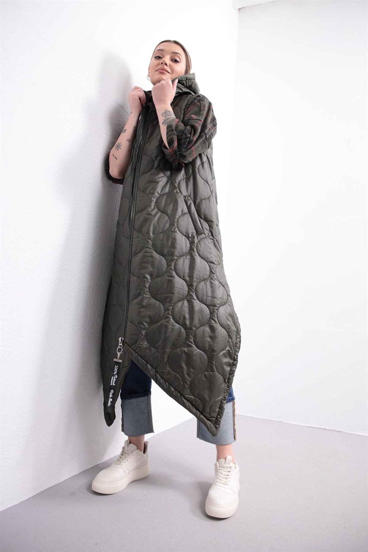Khaki Quilted Long Vest - Saman Butik | Shop Online Khaki Quilted Long Vest