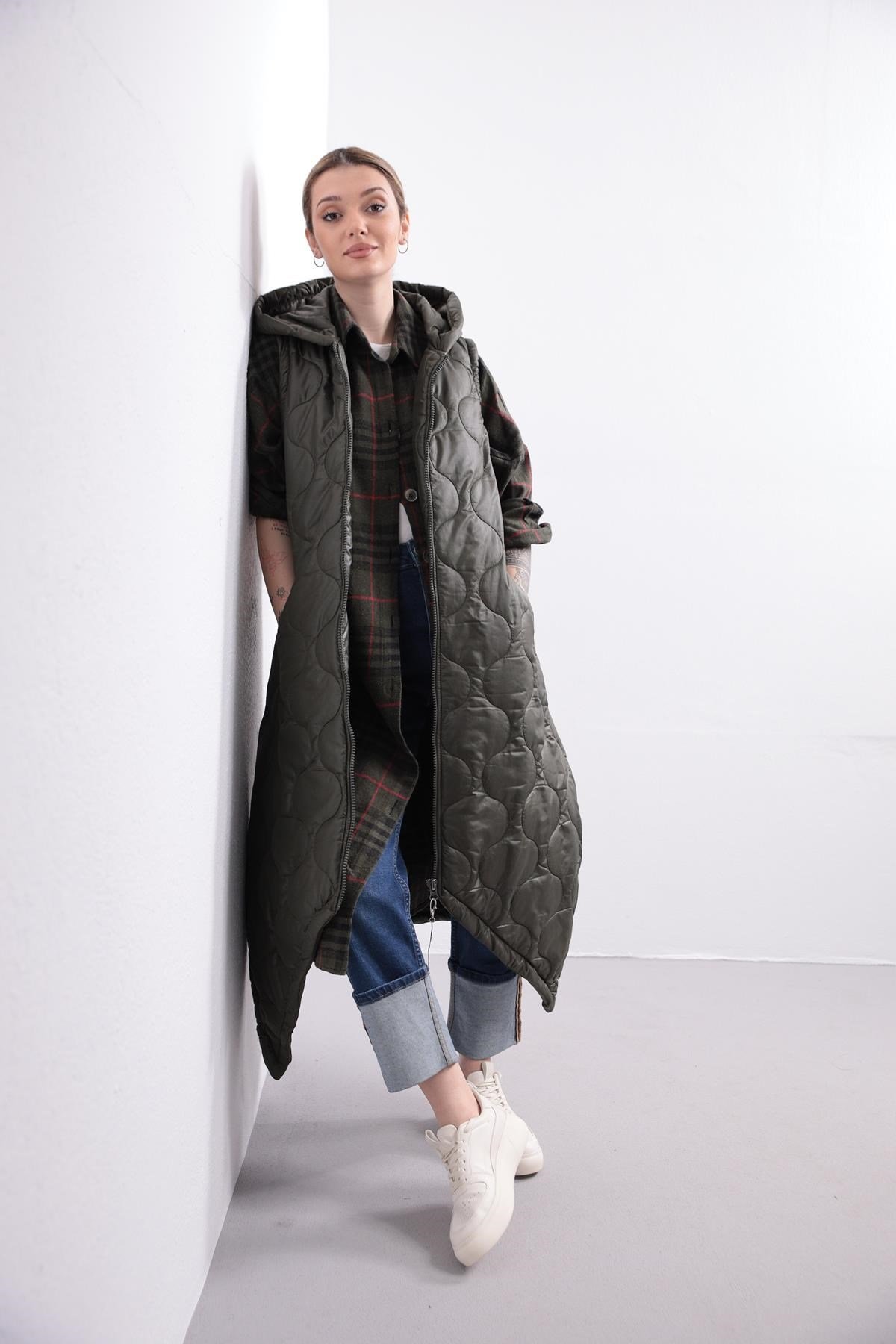 Khaki Quilted Long Vest - Saman Butik | Shop Online Khaki Quilted Long Vest