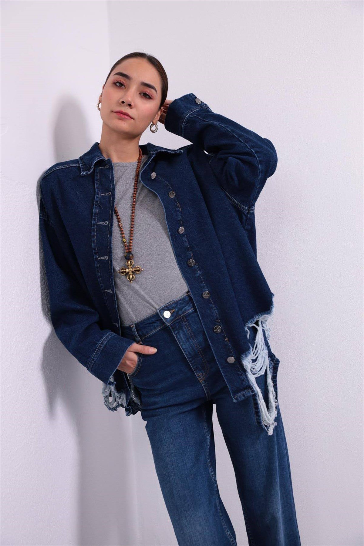 Blue Laser Cut Detailed Denim Jacket - Şaman Butik | Shop Online Blue Laser Cut Detailed Denim Jacket