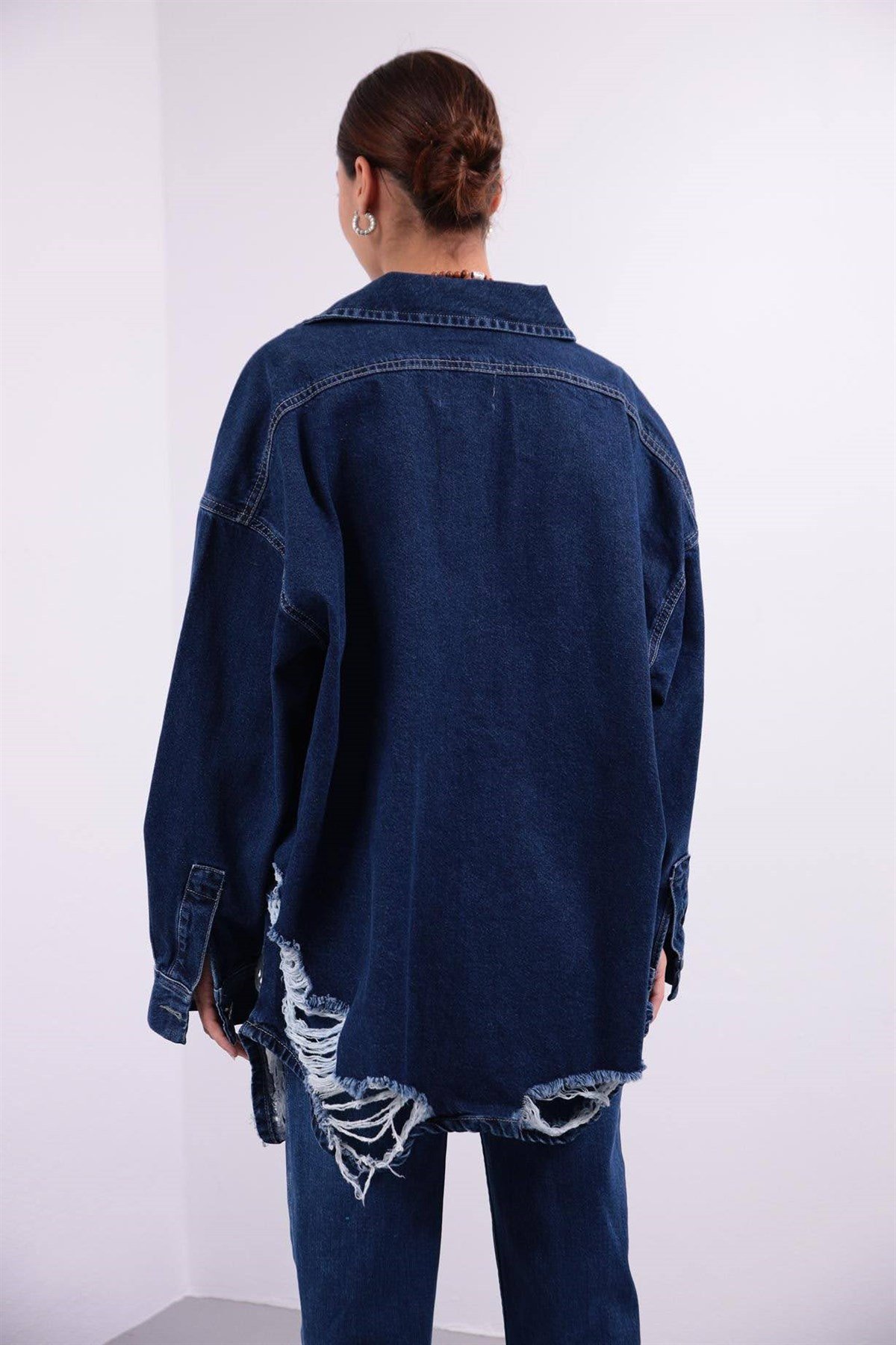 Blue Laser Cut Detailed Denim Jacket - Şaman Butik | Shop Online Blue Laser Cut Detailed Denim Jacket