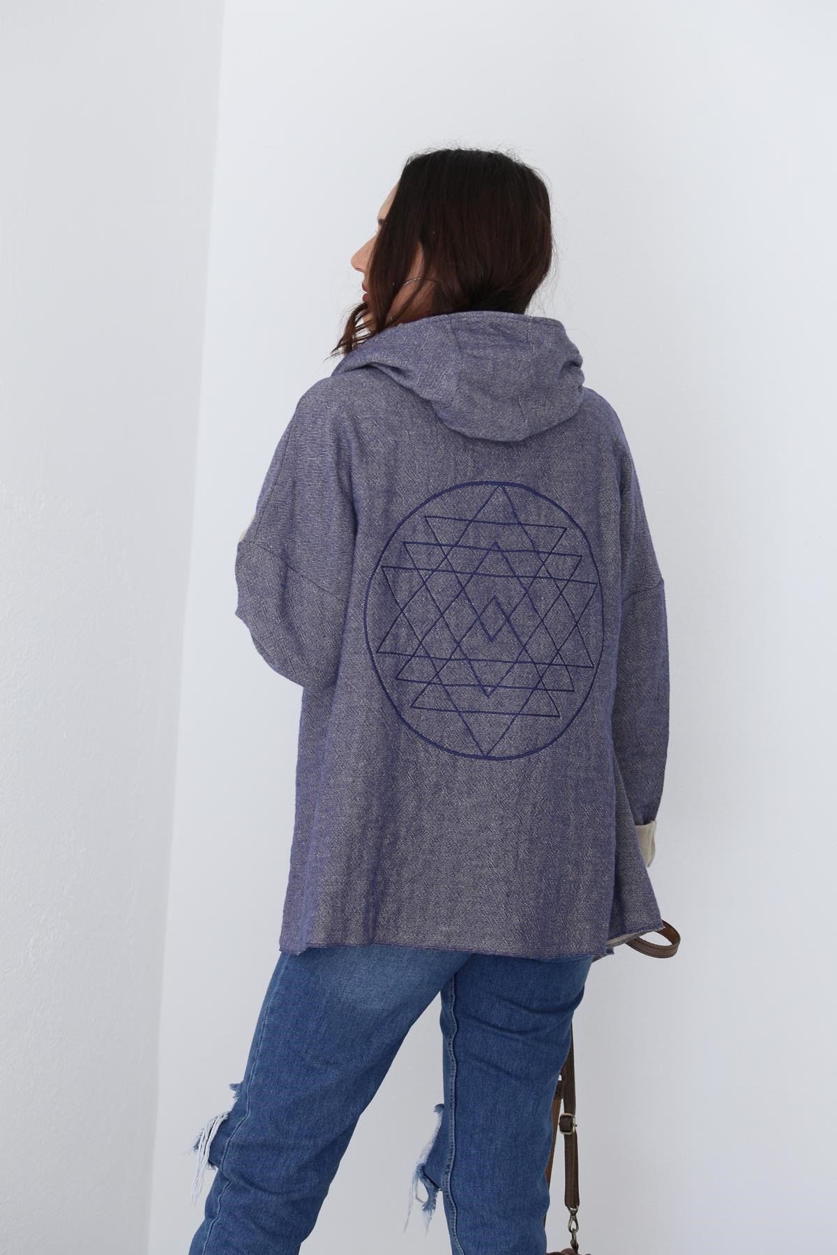  Mavi Sri Yantra Desenli Tek Düğmeli Ceket
