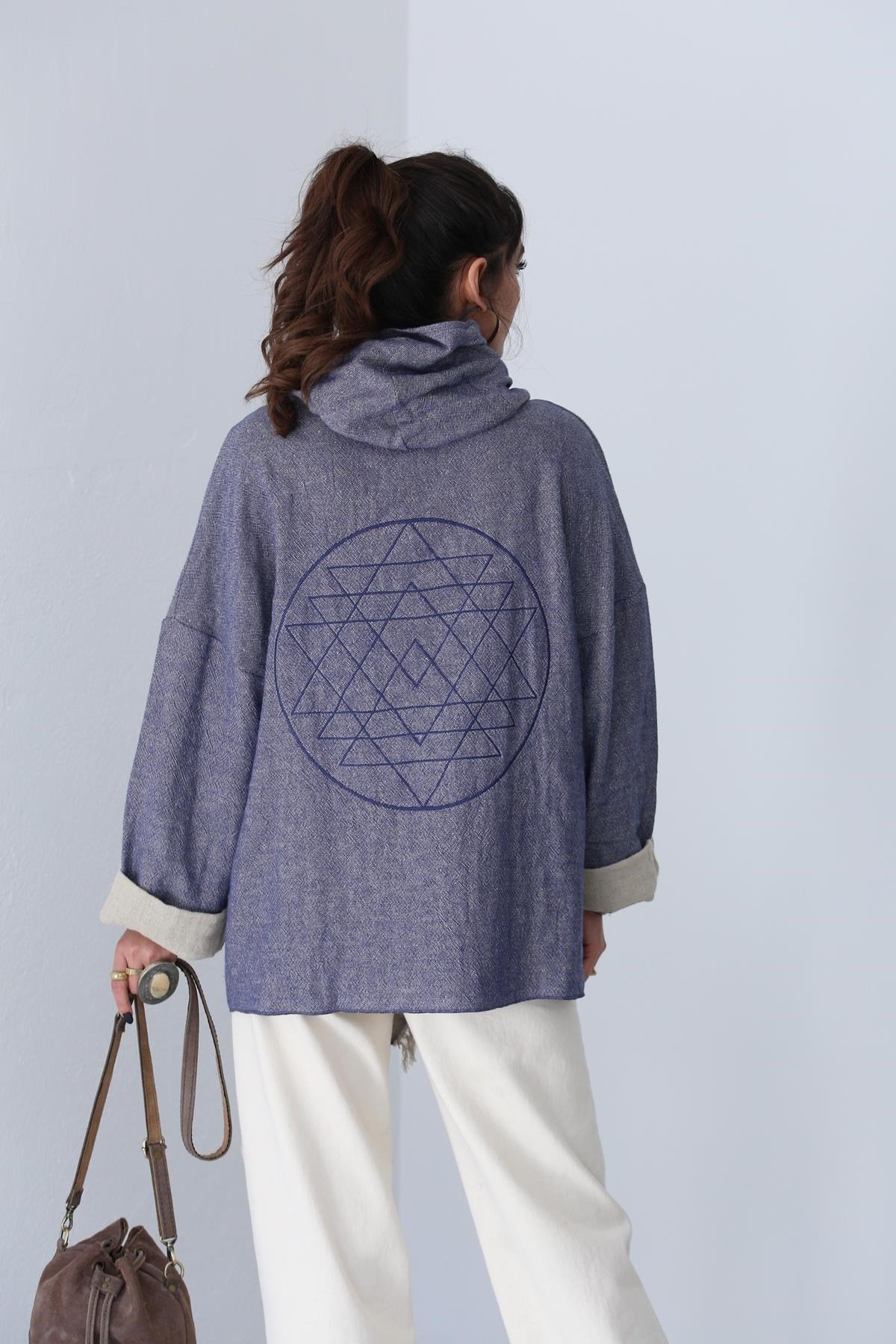  Mavi Sri Yantra Desenli Tek Düğmeli Ceket