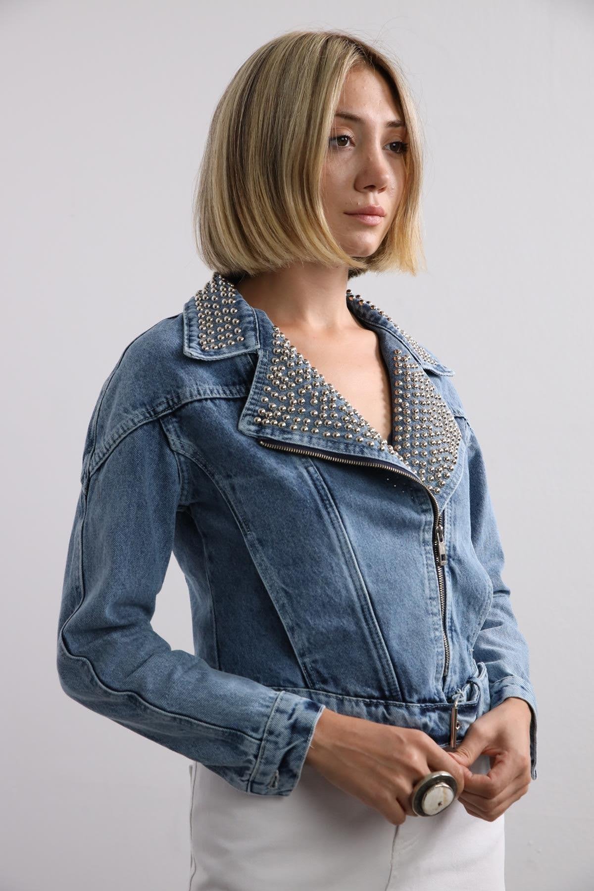 Blue Studded Short Denim Jacket with Pocket - Saman Butik | Shop Online Blue Studded Short Denim Jacket with Pocket