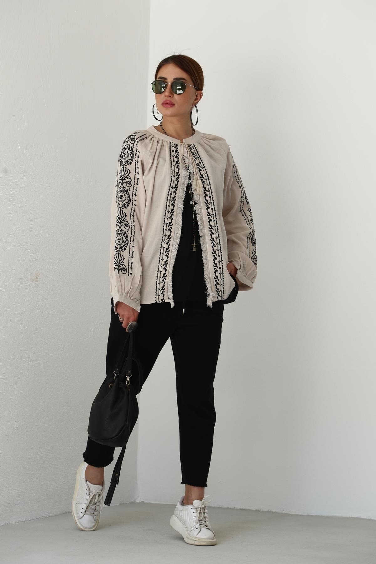 Mink Tassel Detail Embroidered Jacket - Saman Butik | Shop Online Mink Tassel Detail Embroidered Jacket