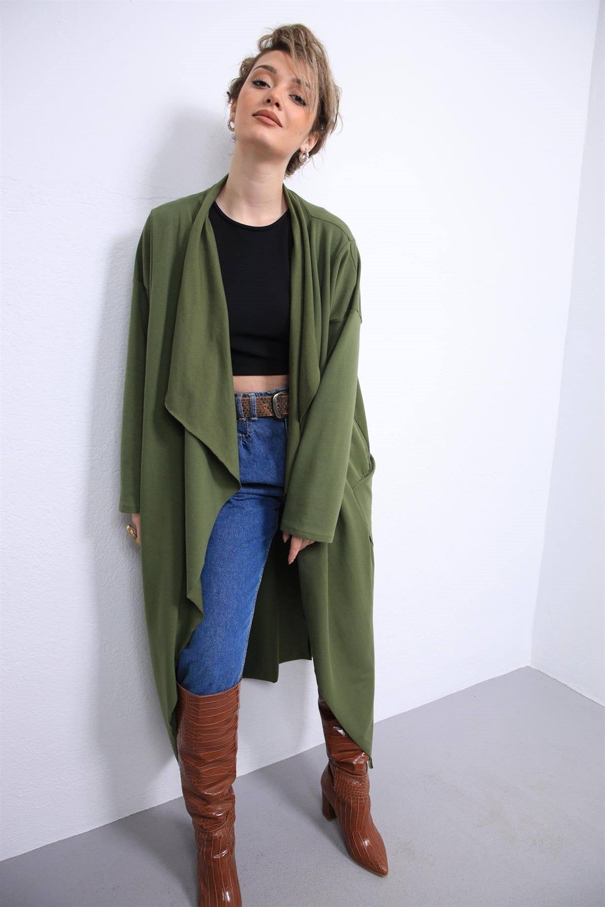 Green Shawl Collar Crossover Long Jacket - Saman Butik | Shop Online Green Shawl Collar Crossover Long Jacket