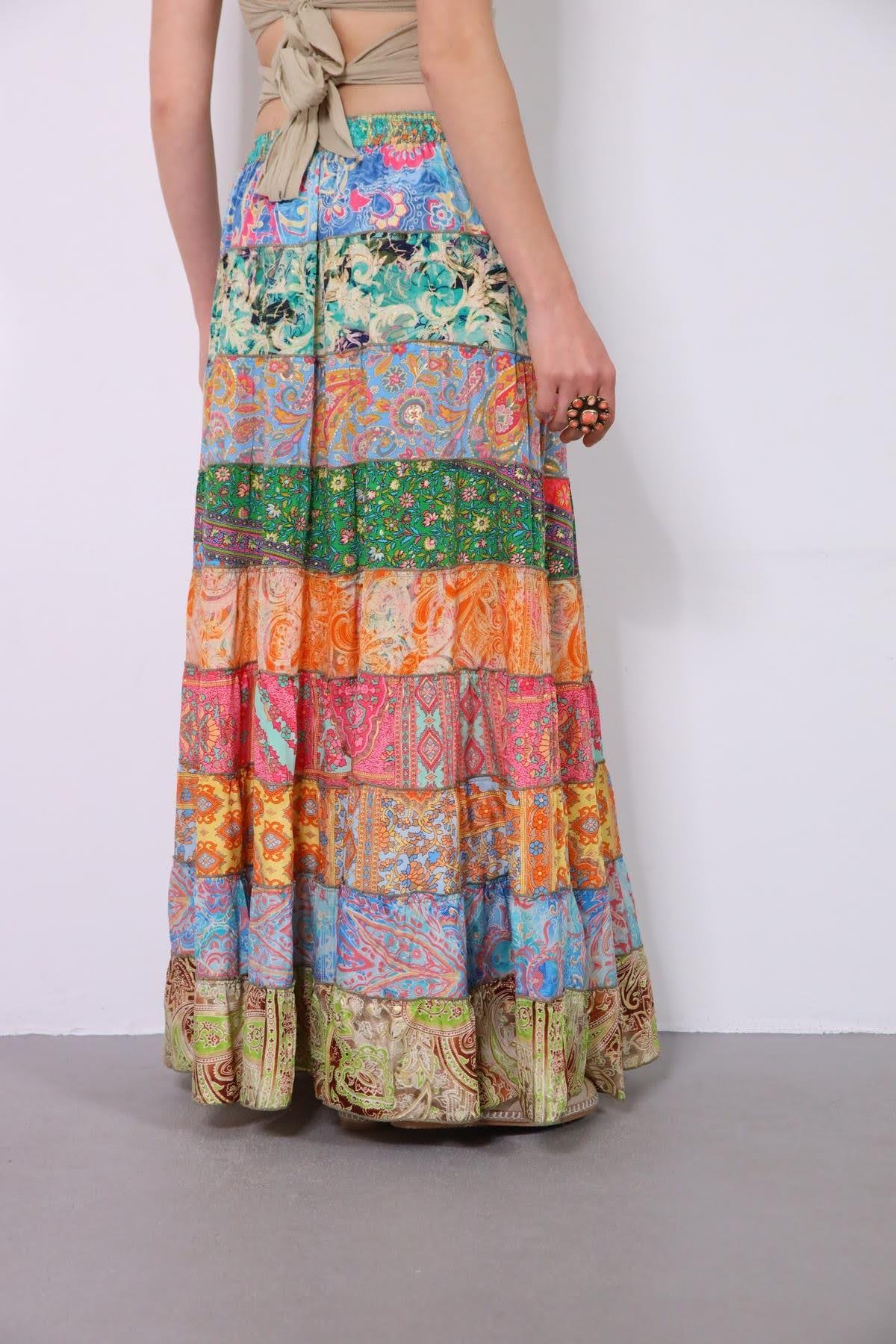  Renkli Patchwork Otantik İpek Etek