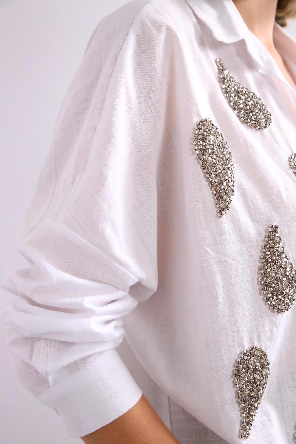 White Patterned Stone Embroidered Shirt White Patterned Stone Embroidered Shirt