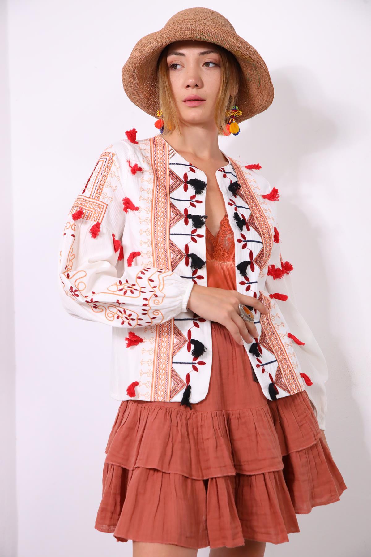 White Ethnic Embroidered Pompom Detailed Jacket - Saman Butik | Shop Online White Ethnic Embroidered Pompom Detailed Jacket