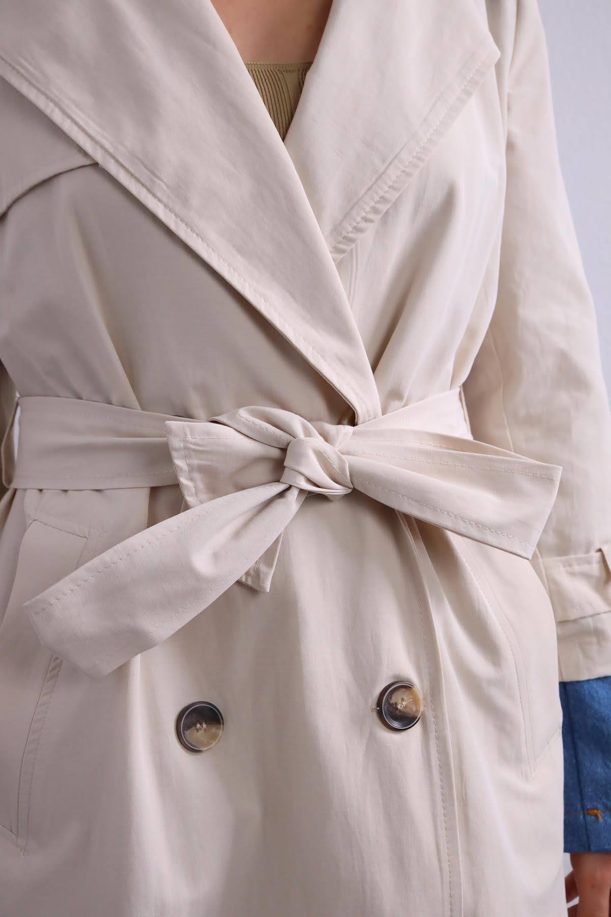  Taş Rengi Denim Parça Detaylı Trençkot