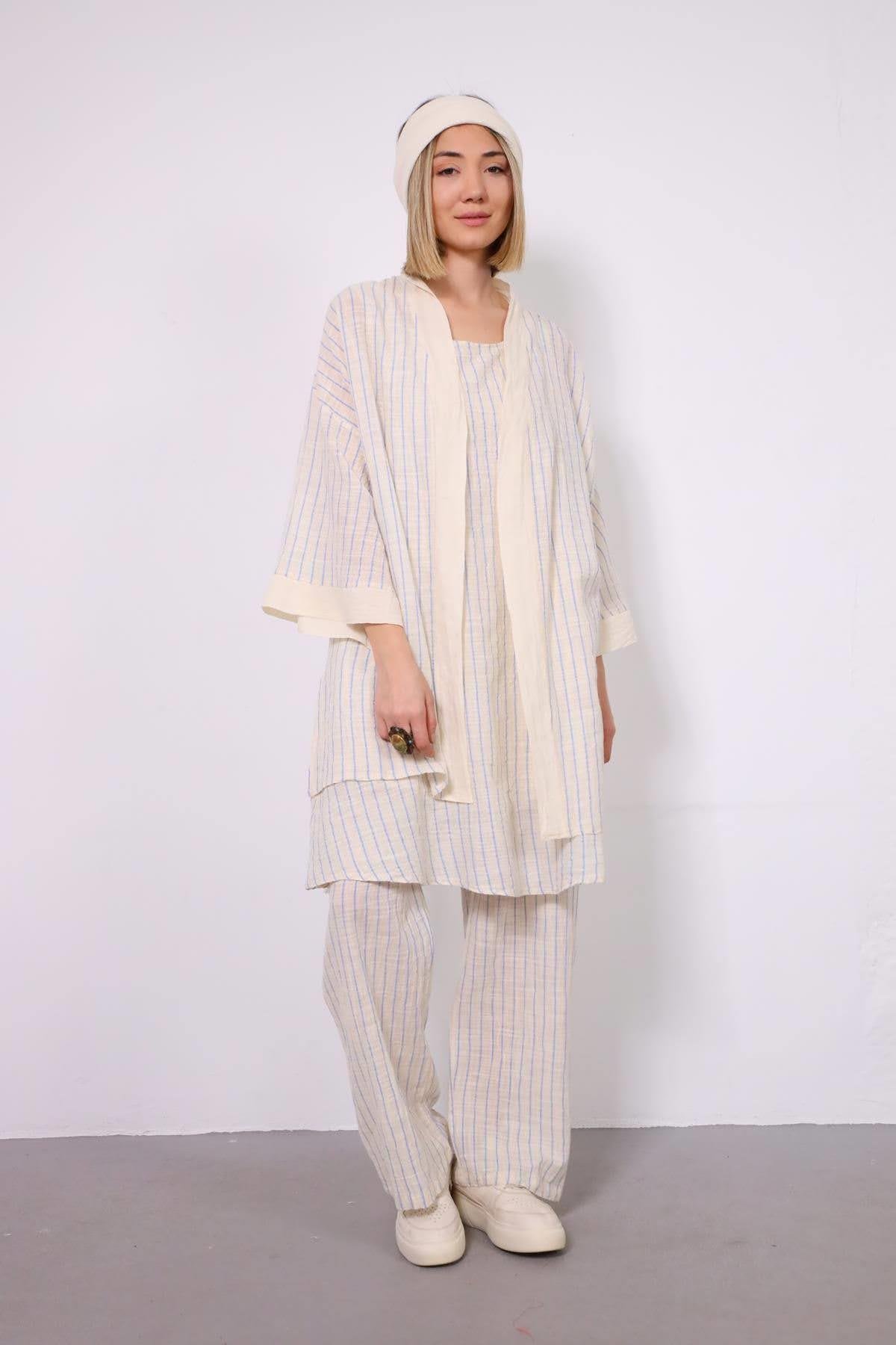 Mavi Çizgili Kimono - Şaman Butik Mavi Çizgili Kimono
