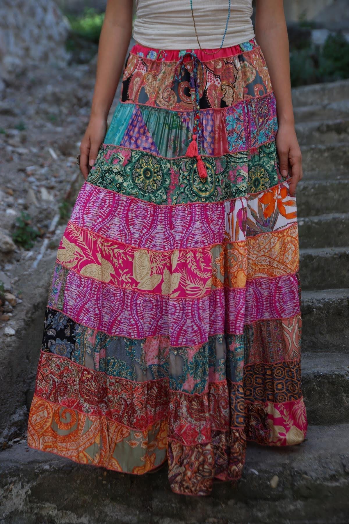  Renkli Patchwork Otantik İpek Etek