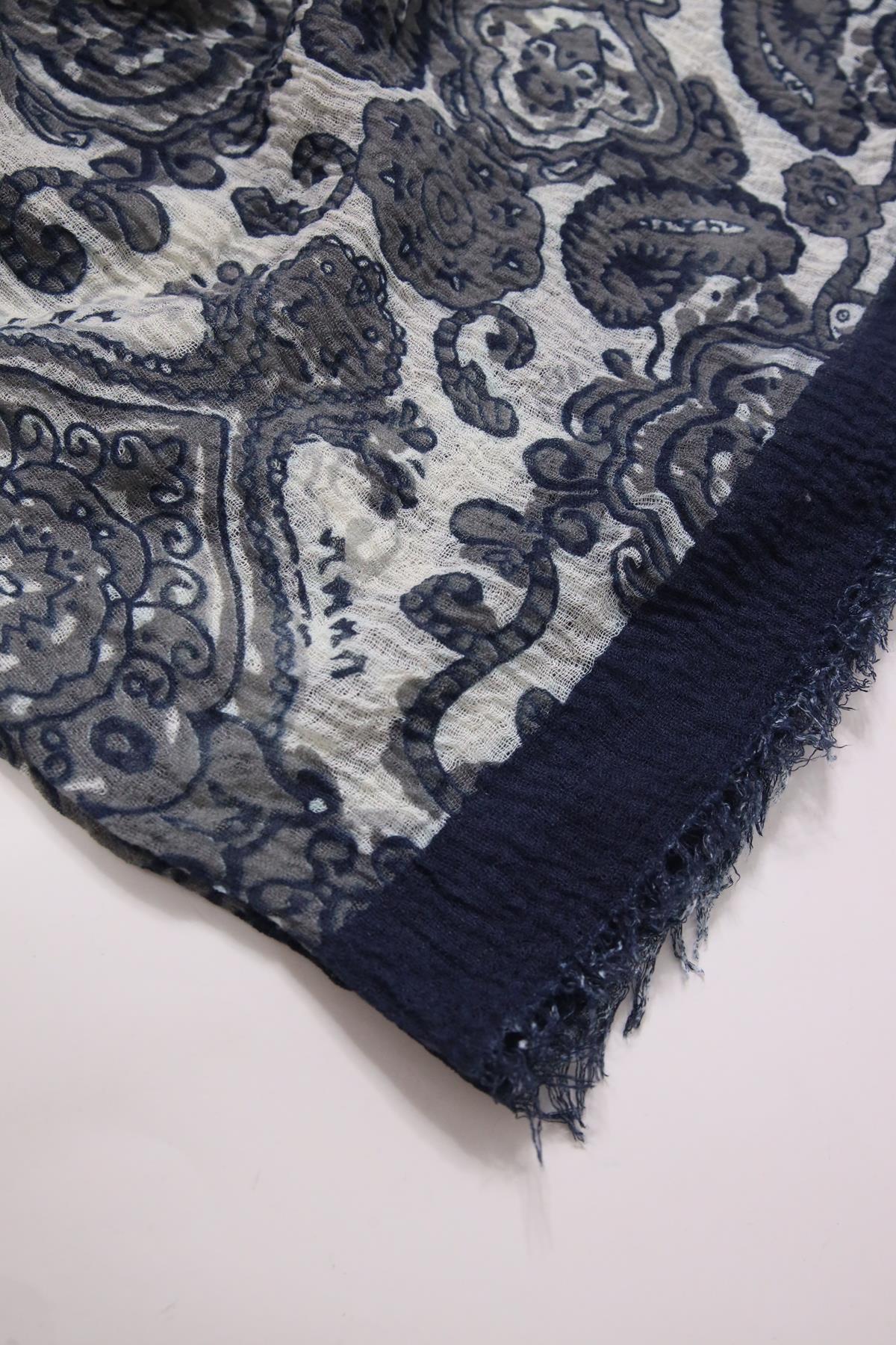 Lacivert Desenli Saçaklı Şal - Şaman Butik Lacivert Desenli Saçaklı Şal