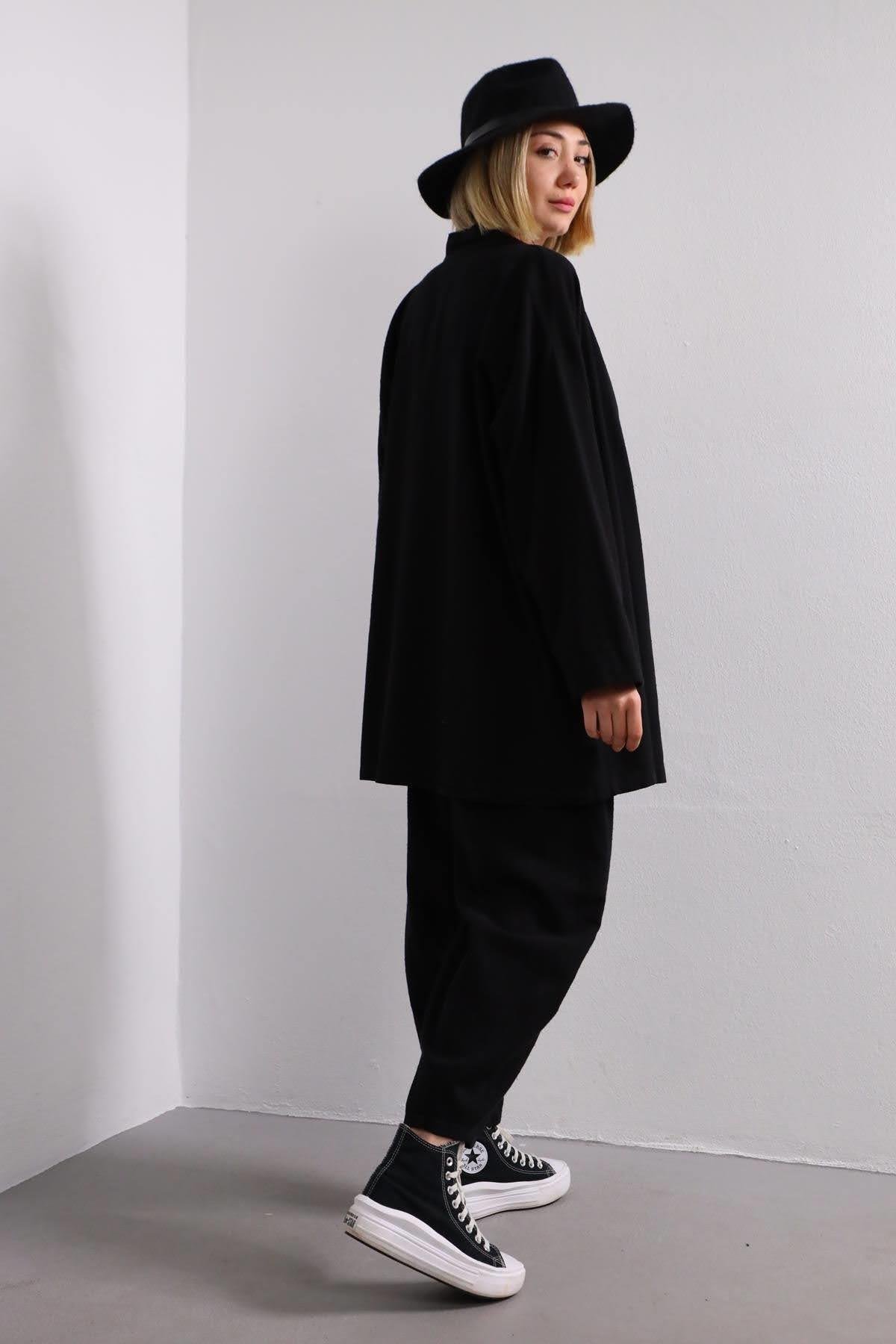 Siyah Dikiş Detaylı Keten Kimono Takım - Şaman Butik Siyah Dikiş Detaylı Keten Kimono Takım