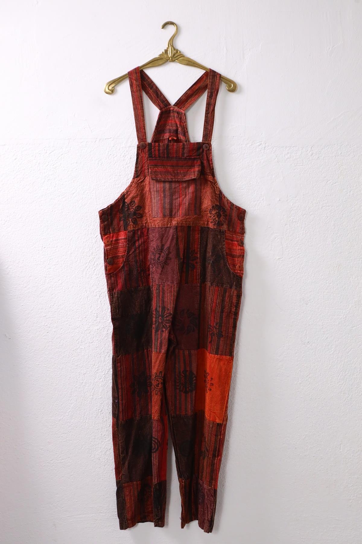  Kiremit Rengi Yıkama Patchwork Tulum