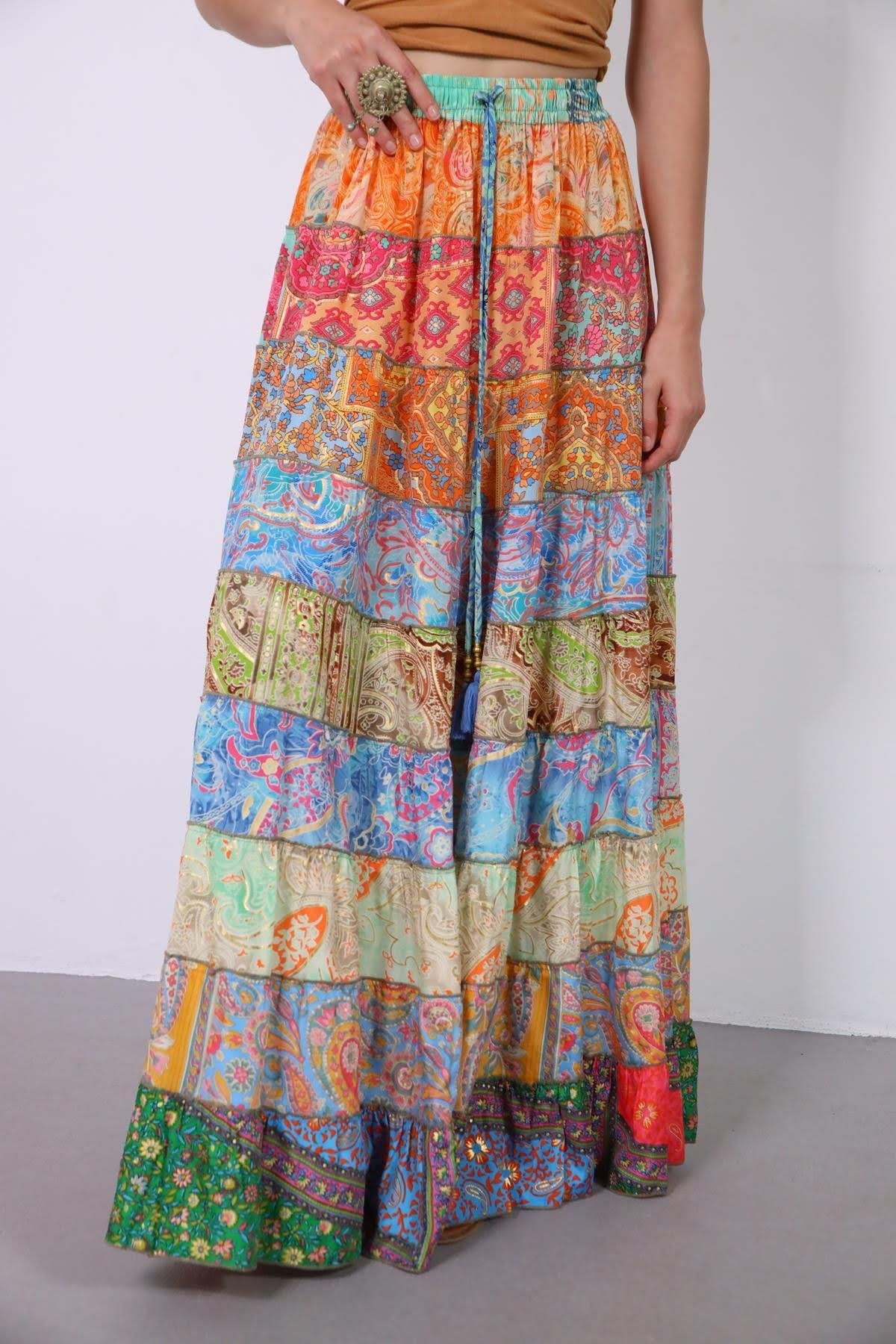  Renkli Patchwork Otantik İpek Etek