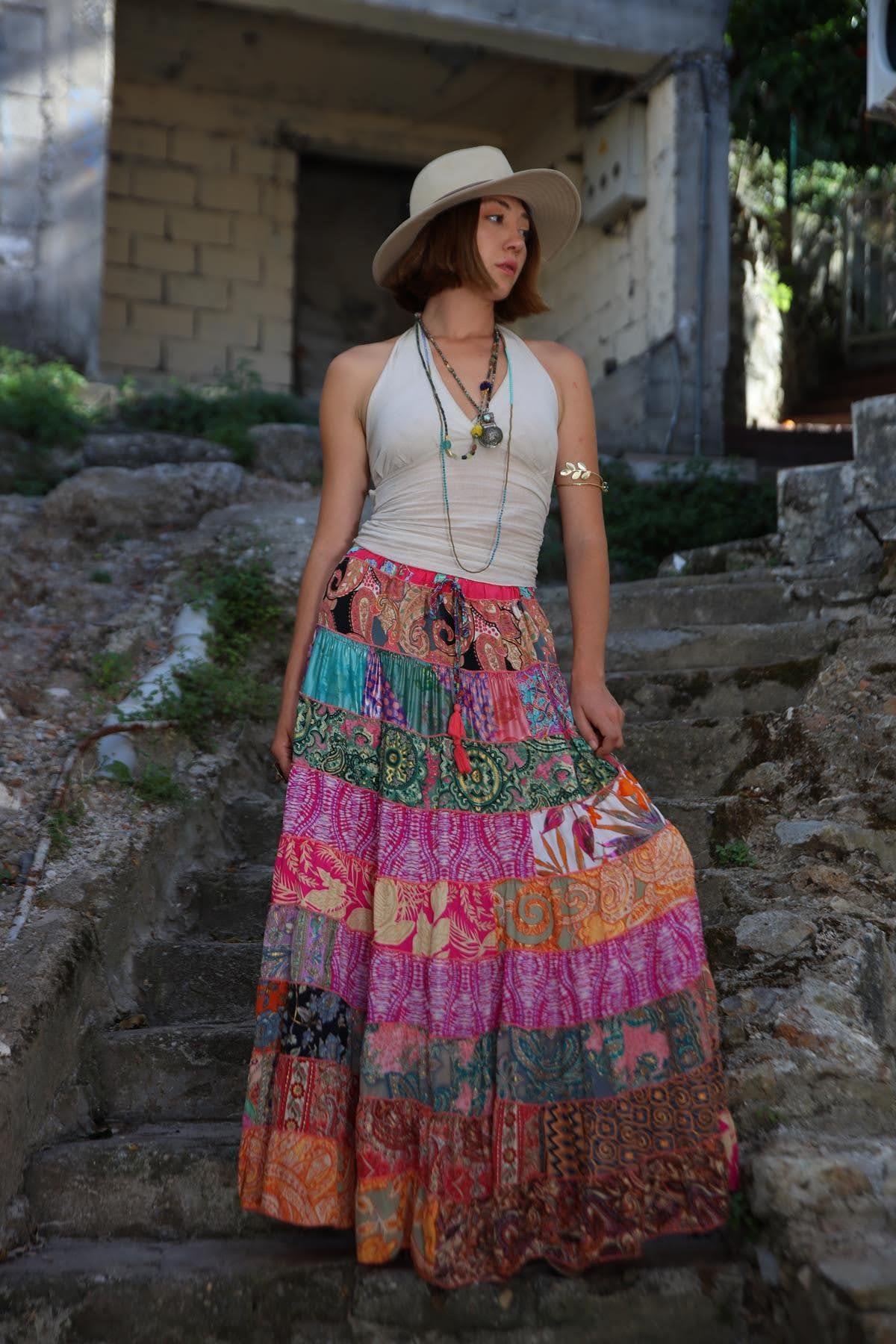  Renkli Patchwork Otantik İpek Etek
