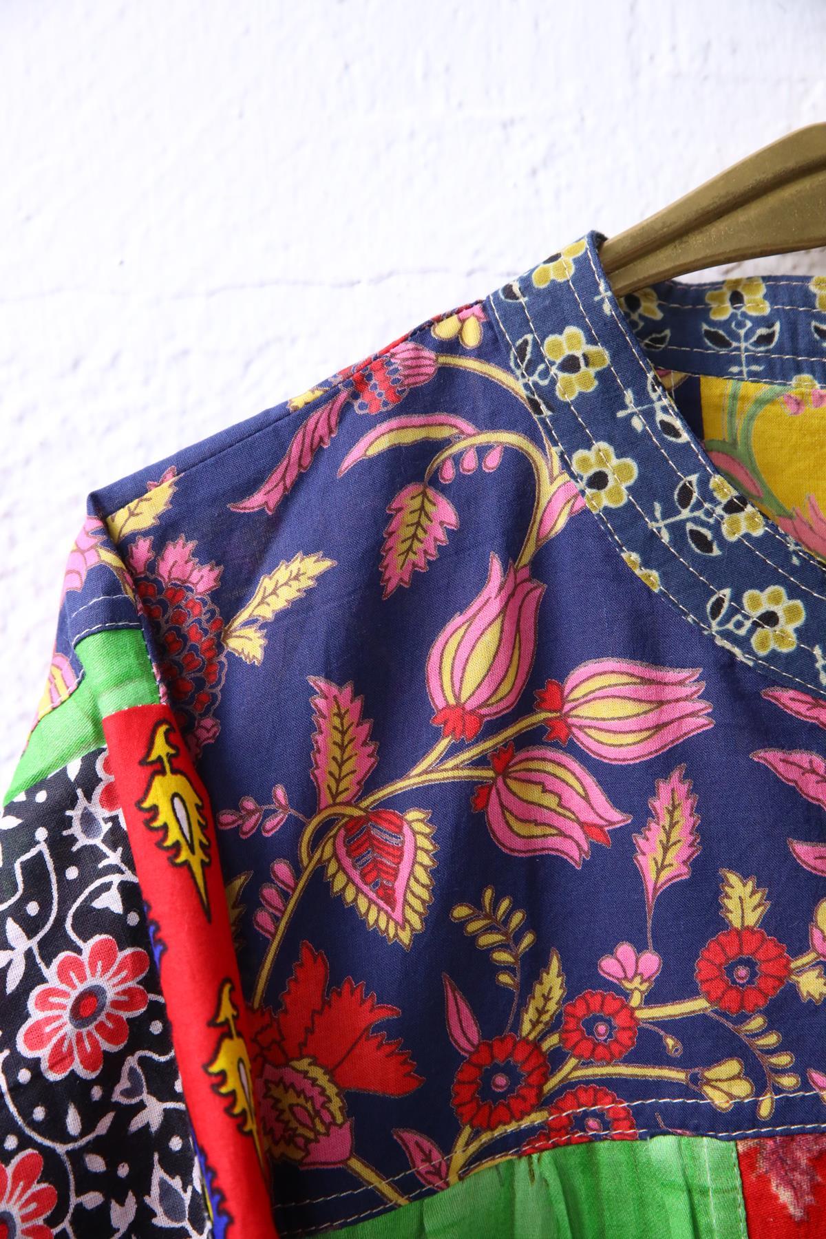Pastel Lacivert Yakası Düğmeli Patchwork Tunik - Şaman Butik Pastel Lacivert Yakası Düğmeli Patchwork Tunik