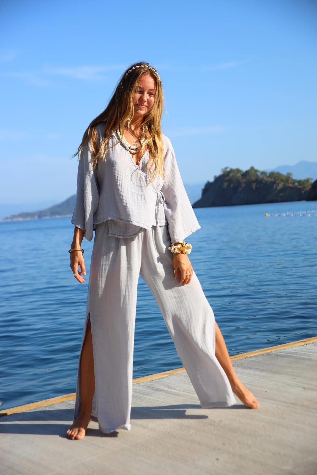 Gri Yırtmaçlı Müslin Pantolon - Şaman Butik Gri Yırtmaçlı Müslin Pantolon