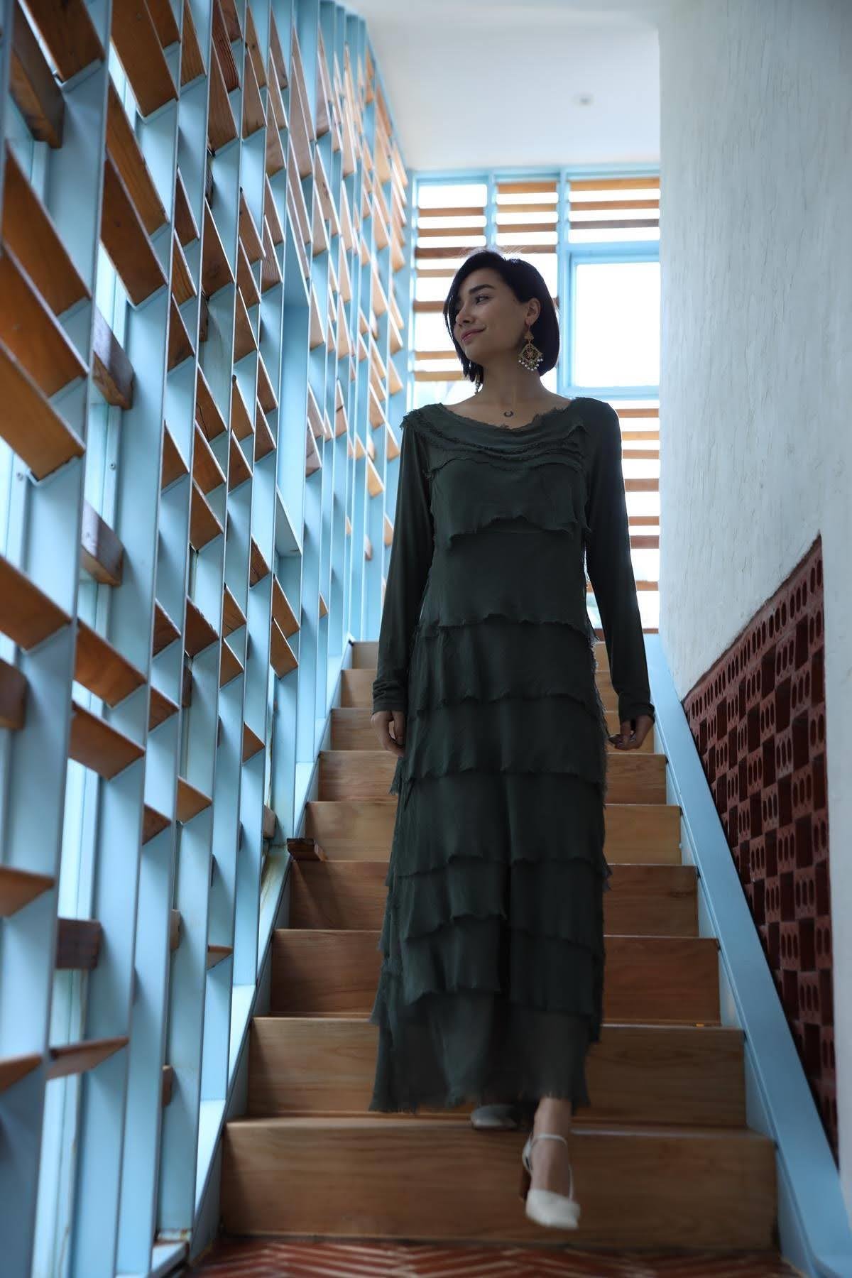  Emerald Green Silk Multi-Layered  Long Dress - Şaman Butik | Boho Fashion  Emerald Green Silk Multi-Layered  Long Dress