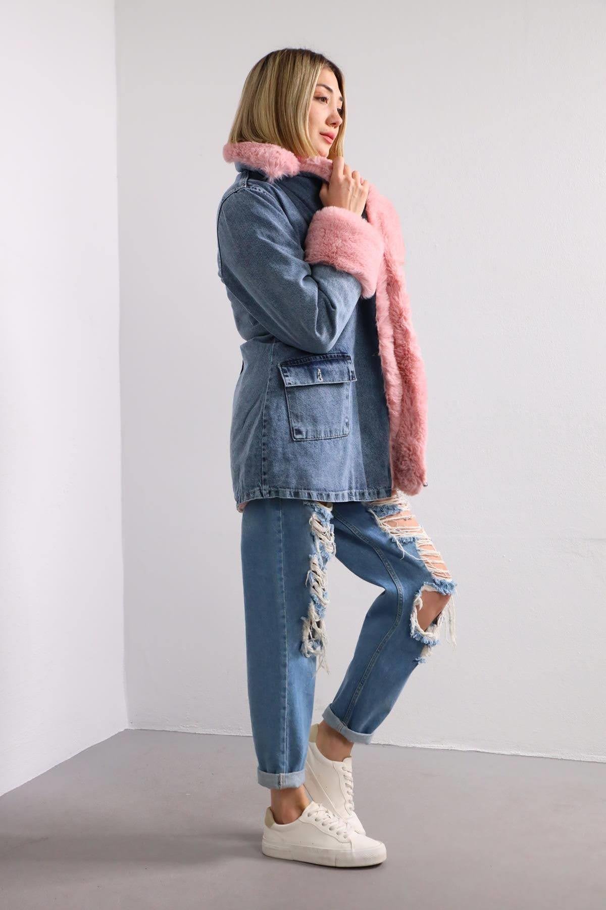 Mavi Pembe Kürklü Kot Ceket - Şaman Butik Mavi Pembe Kürklü Kot Ceket