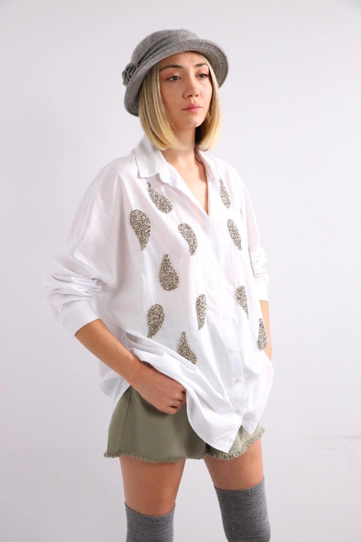 White Patterned Stone Embroidered Shirt White Patterned Stone Embroidered Shirt