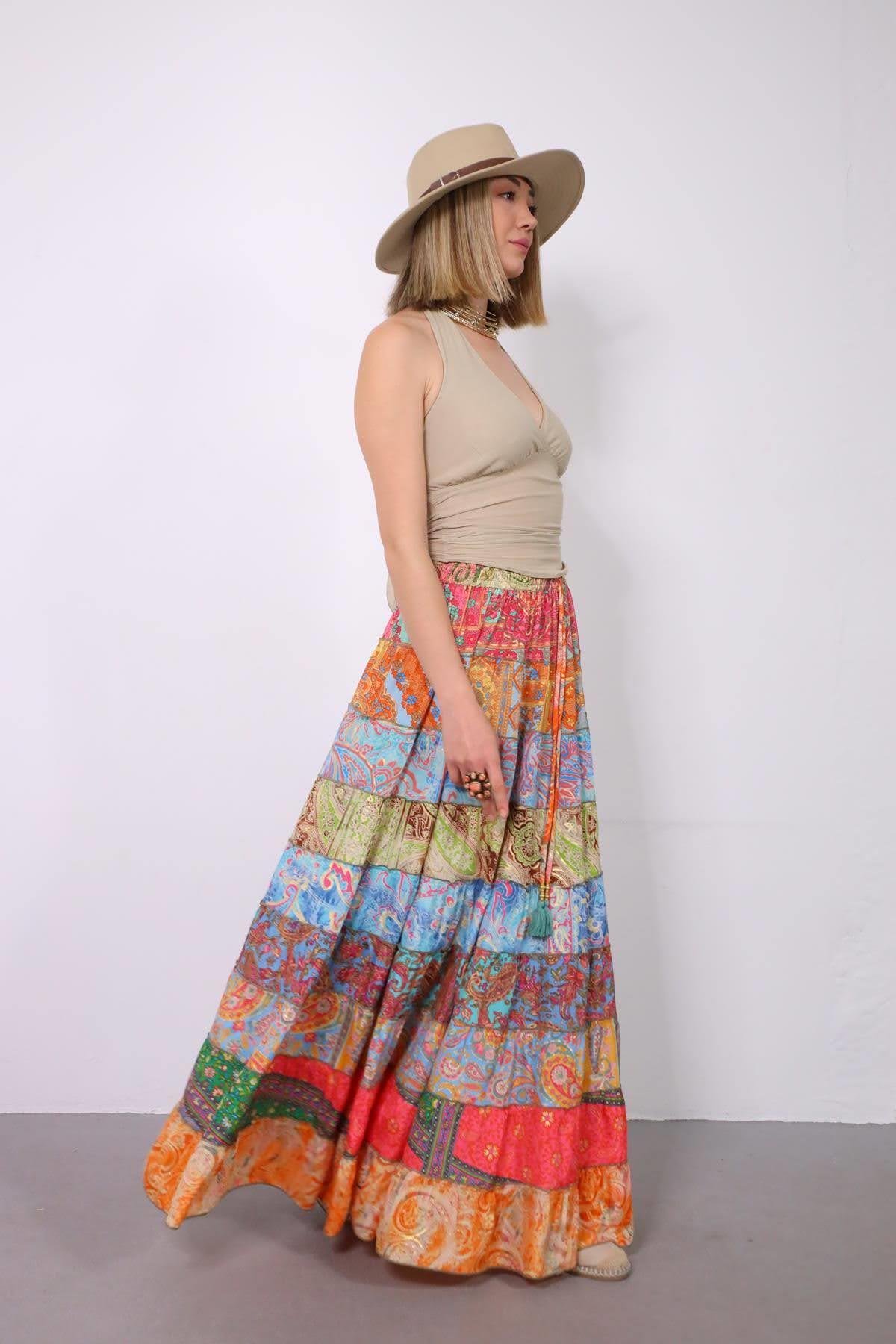  Renkli Patchwork Otantik İpek Etek