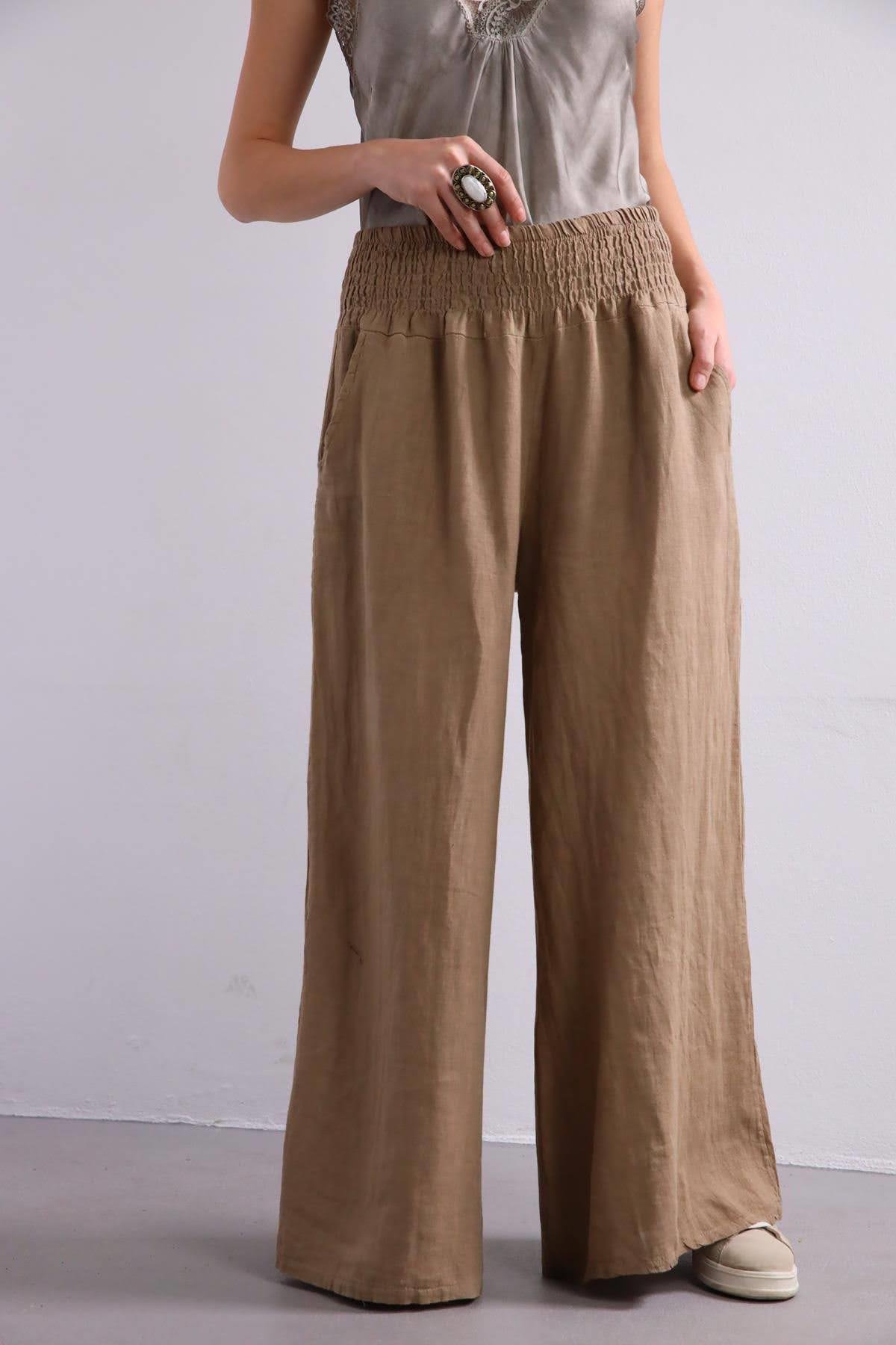  Camel Rengi Beli Lastikli Salaş Keten Pantolon