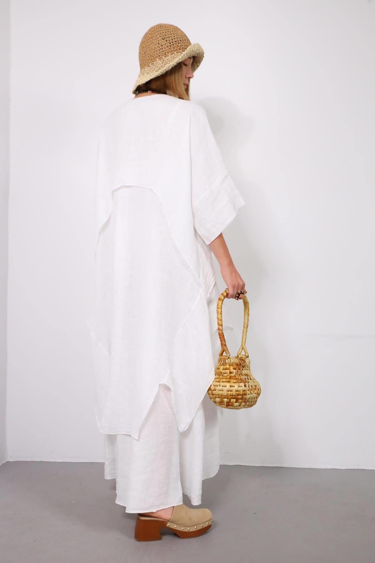 Beyaz Parça Detaylı Keten Kaftan - Şaman Butik Beyaz Parça Detaylı Keten Kaftan