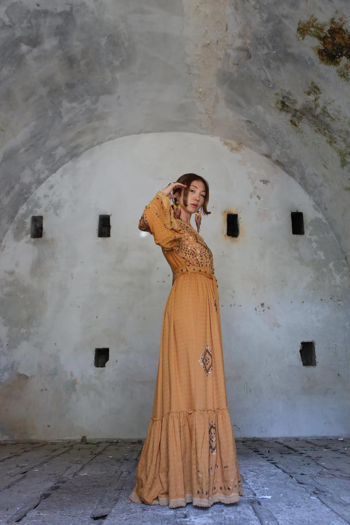 Camel Self-Patterned Embroidered Authentic Dress - Saman Butik | Shop Online Camel Self-Patterned Embroidered Authentic Dress