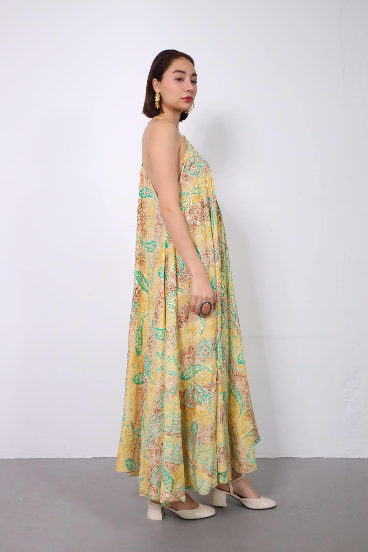 Sarı Otantik İşlemeli Ayna Detaylı Askılı İpek Elbise - Şaman Butik Sarı Otantik İşlemeli Ayna Detaylı Askılı İpek Elbise
