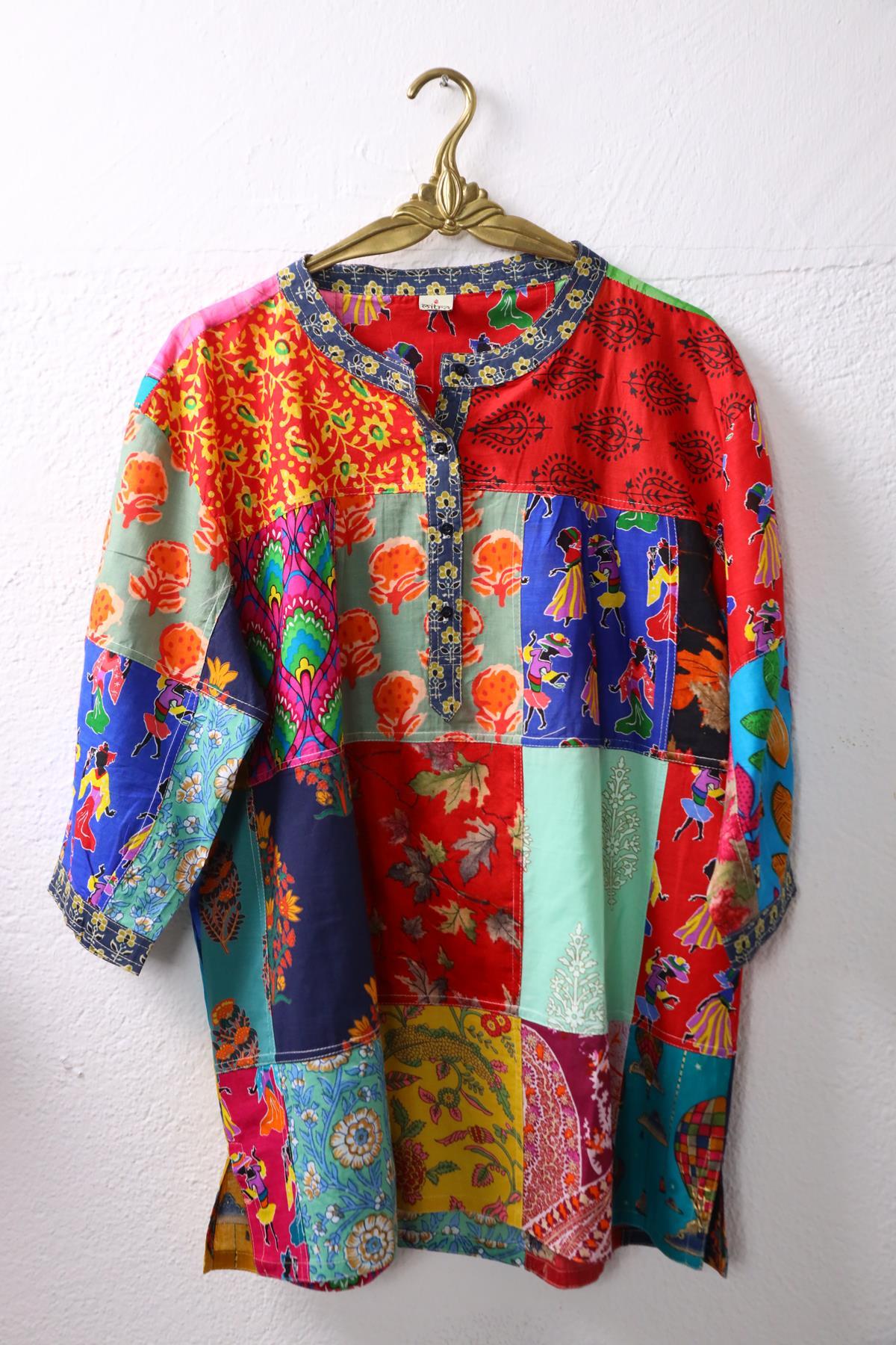 Pastel Lacivert Yakası Düğmeli Patchwork Tunik - Şaman Butik Pastel Lacivert Yakası Düğmeli Patchwork Tunik
