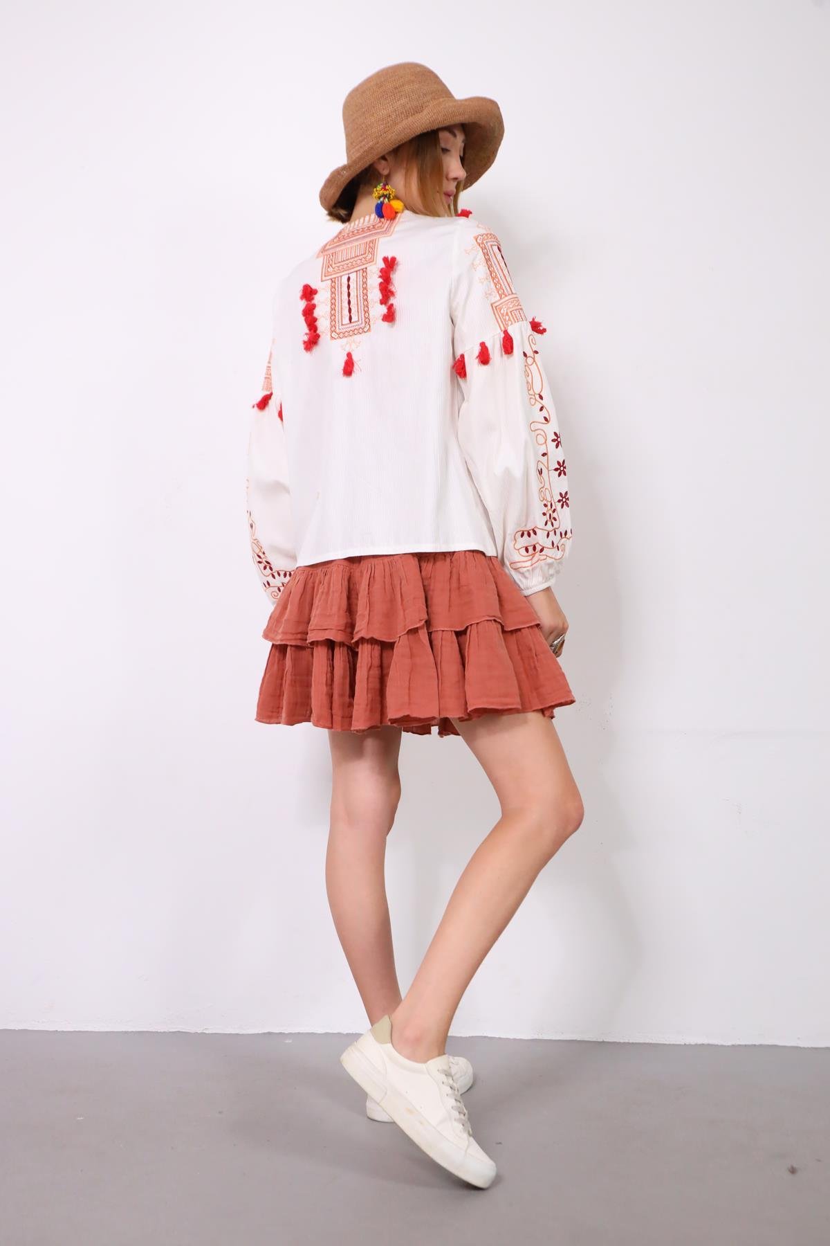 White Ethnic Embroidered Pompom Detailed Jacket - Saman Butik | Shop Online White Ethnic Embroidered Pompom Detailed Jacket