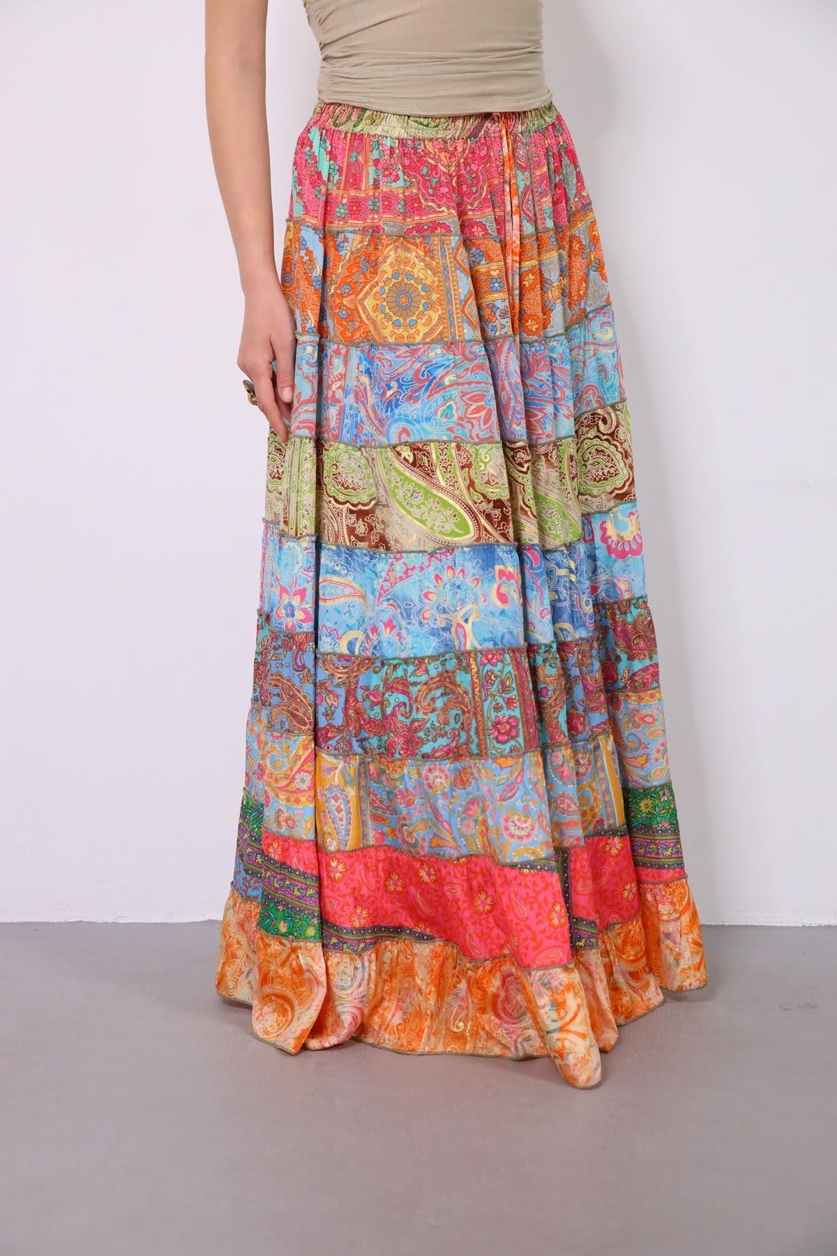  Renkli Patchwork Otantik İpek Etek