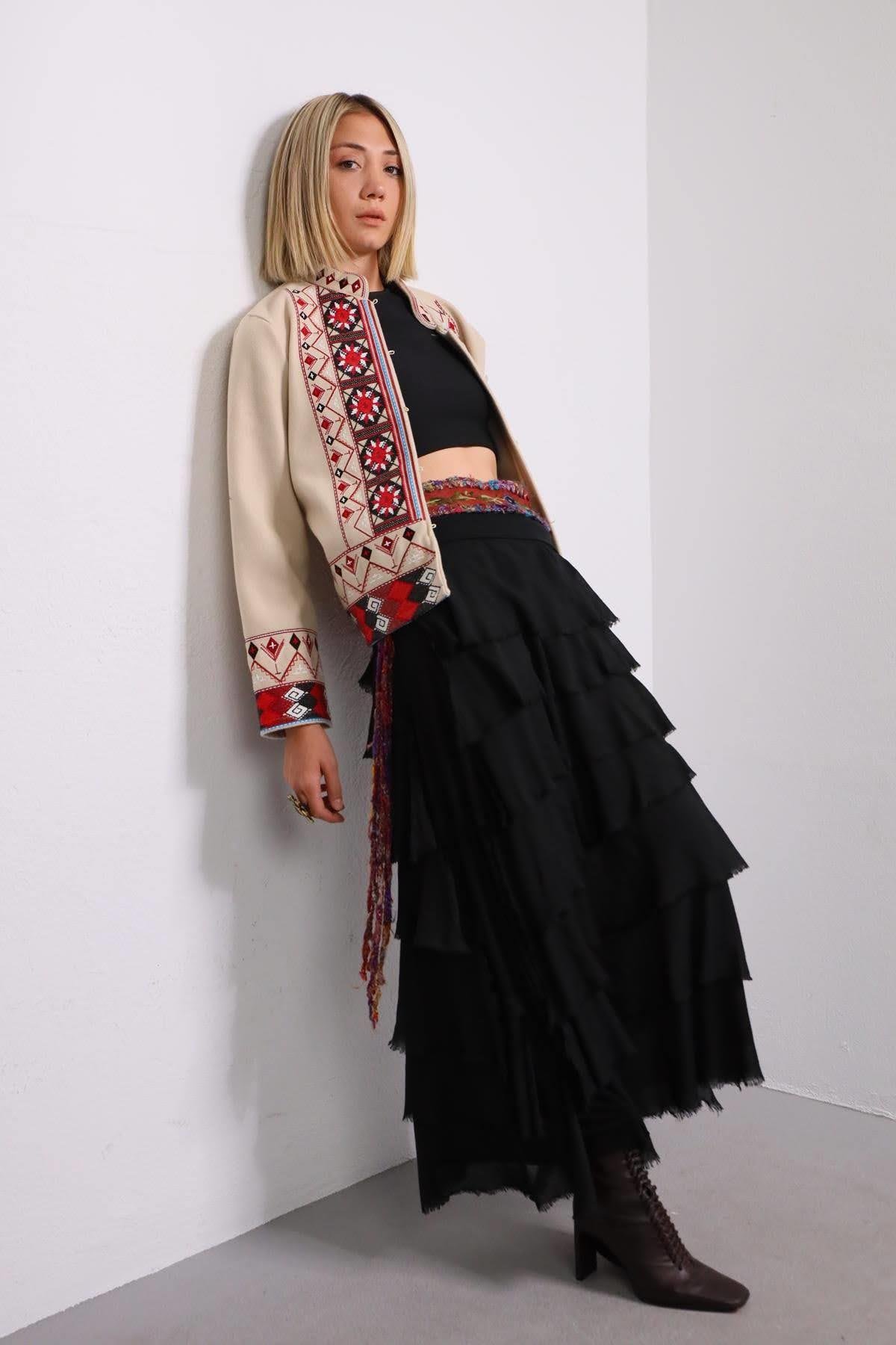 Saman Butik | Shop Online Black Layered Silk Skirt