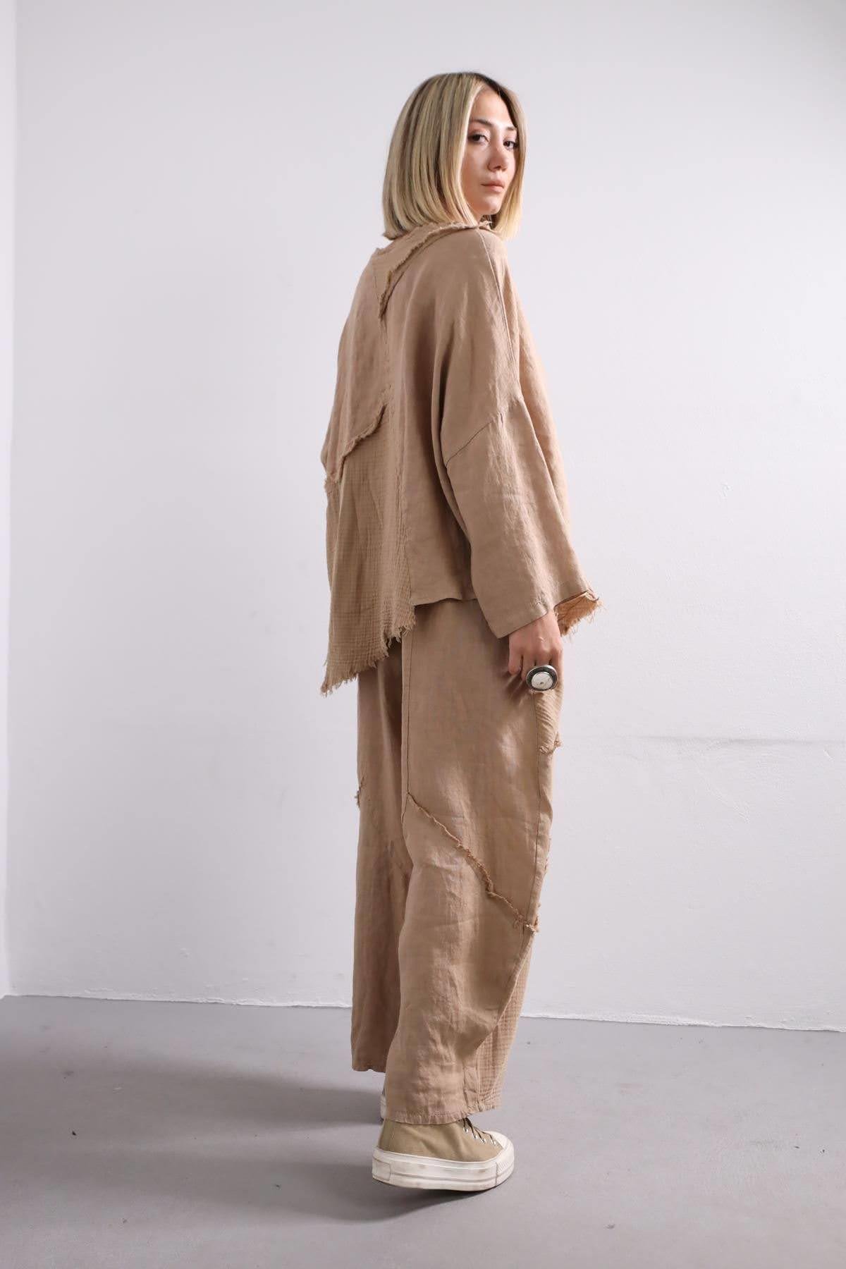  Camel Müslin Parçalı Keten Takım
