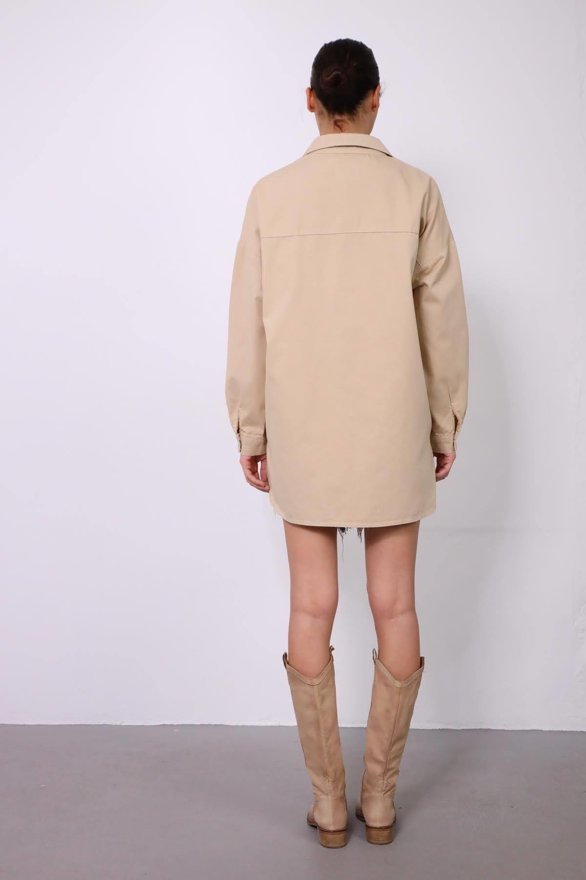 Bej Oversize Eteği Yuvarlak Kesim Ceket - Şaman Butik - Bohem Giyim ve Aksesuar | Kadın & Erkek Bej Oversize Eteği Yuvarlak Kesim Ceket