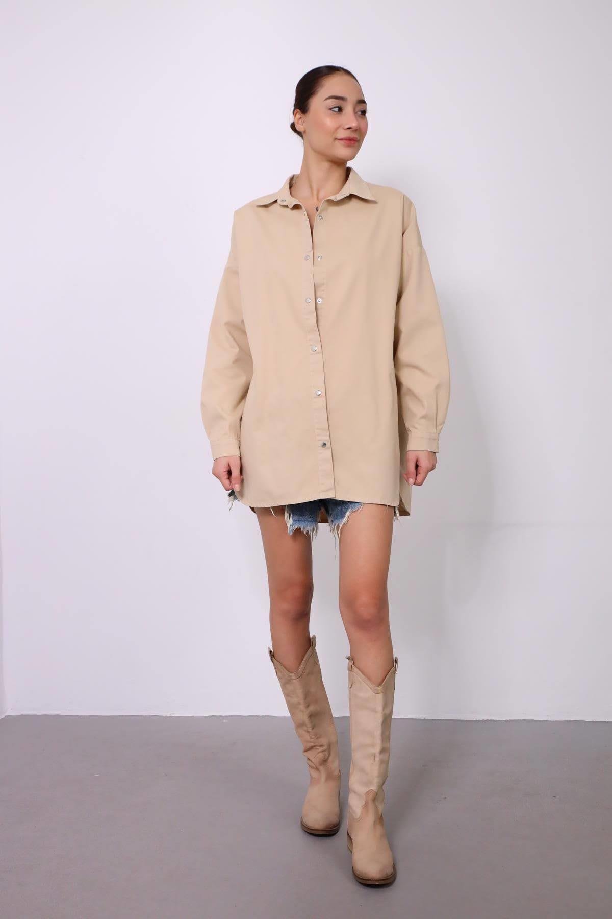 Bej Oversize Eteği Yuvarlak Kesim Ceket - Şaman Butik - Bohem Giyim ve Aksesuar | Kadın & Erkek Bej Oversize Eteği Yuvarlak Kesim Ceket