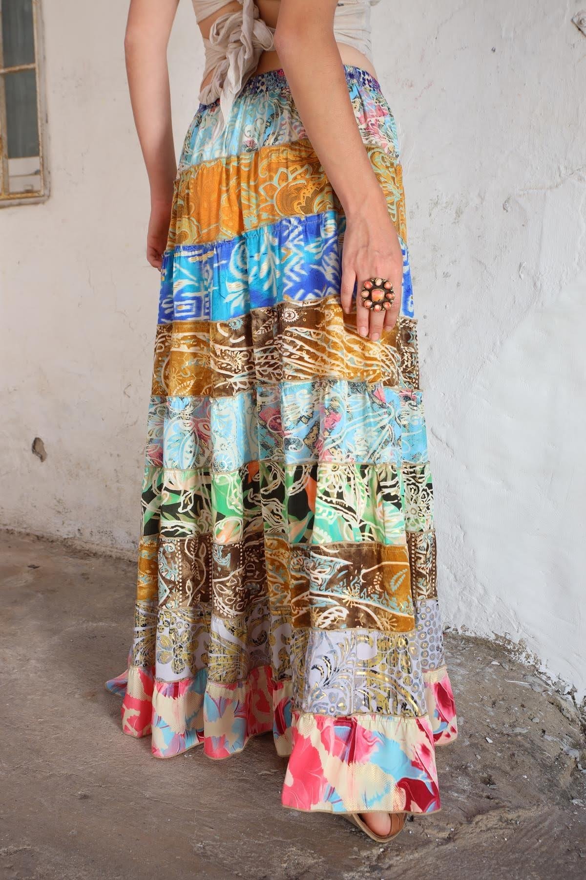 Renkli Patchwork Otantik İpek Etek - Şaman Butik Renkli Patchwork Otantik İpek Etek