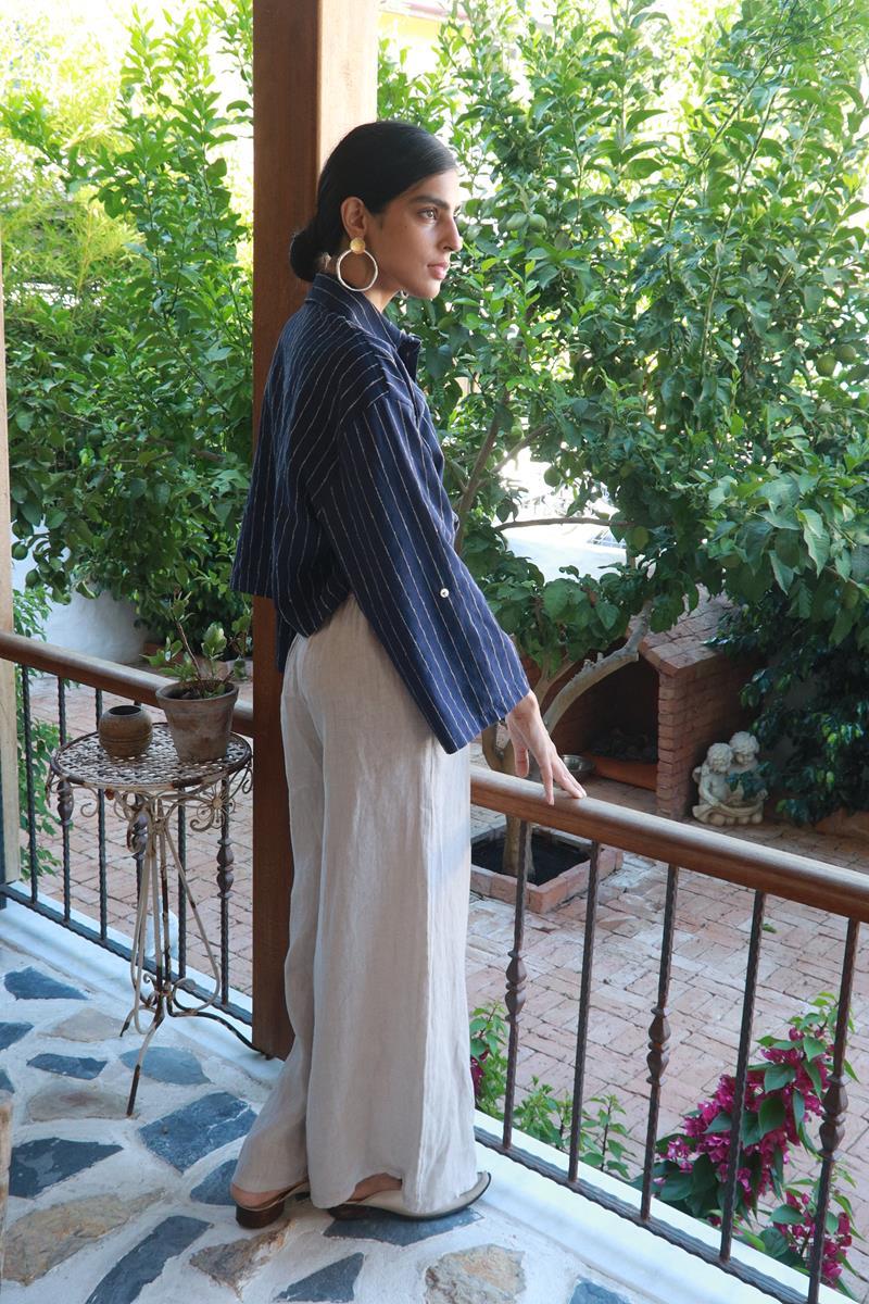 Lacivert Çizgili Keten Crop Gömlek - Şaman Butik Lacivert Çizgili Keten Crop Gömlek
