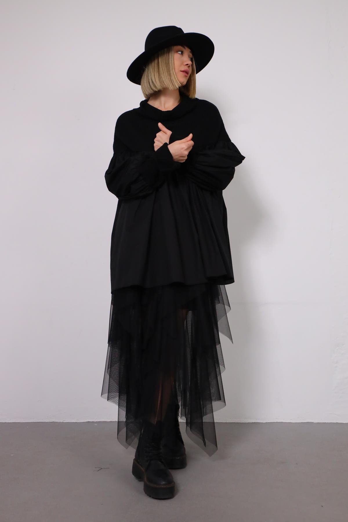 Navy Blue Floral Stitched Waist Shirt Dress - Şaman Butik Black Poplin Pleated Turtle Neck Tunic