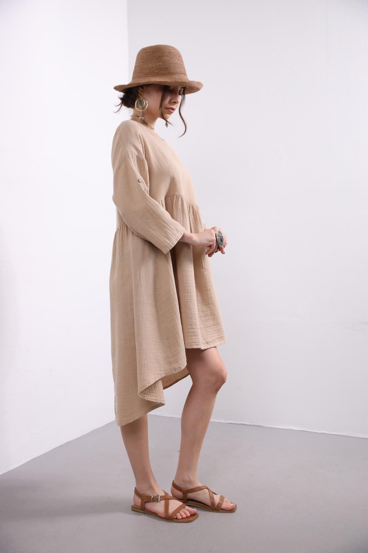 Camel Rengi Tek Cepli Bisiklet Yaka Elbise - Şaman Butik Camel Rengi Tek Cepli Bisiklet Yaka Elbise