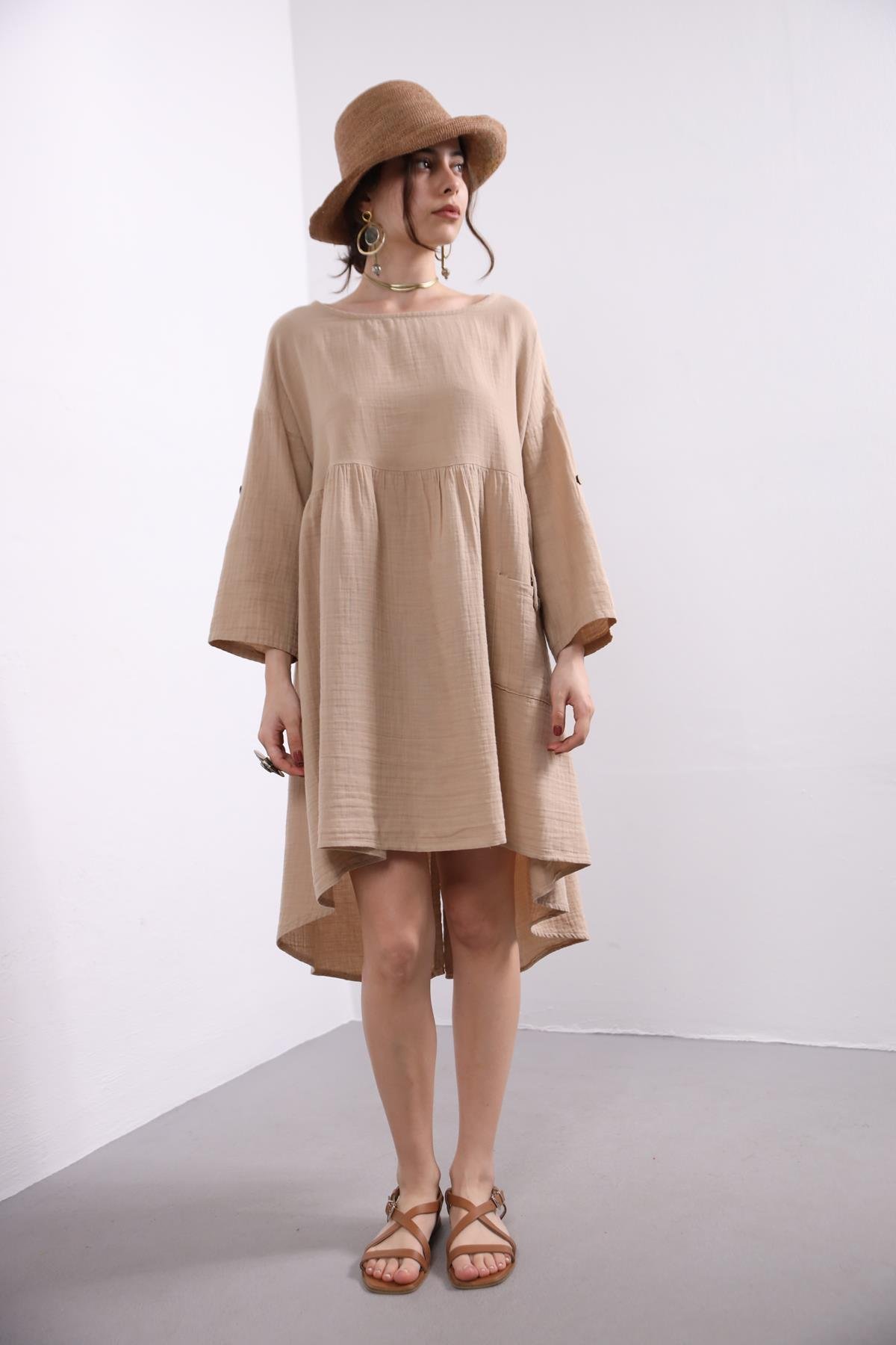 Camel Rengi Tek Cepli Bisiklet Yaka Elbise - Şaman Butik Camel Rengi Tek Cepli Bisiklet Yaka Elbise