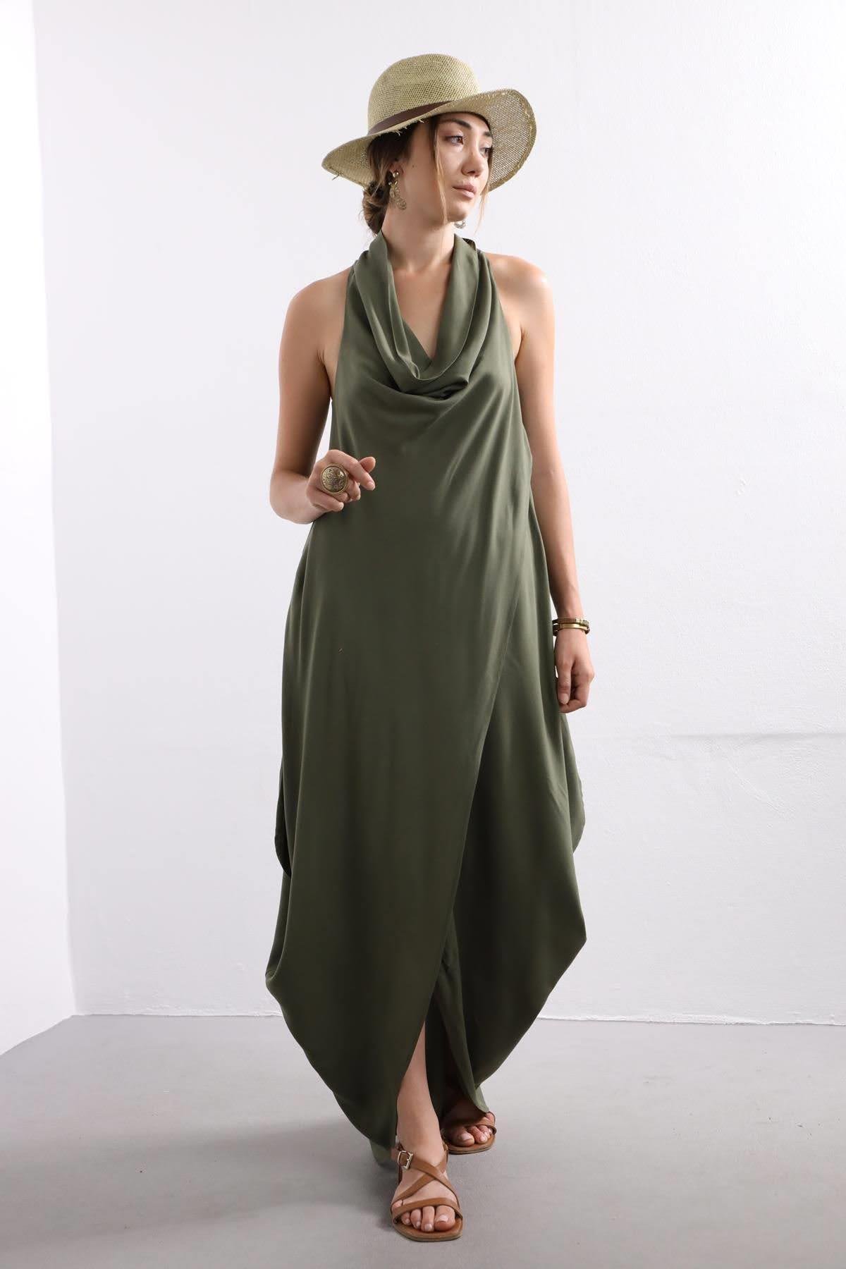 Haki Degaje Yaka Otantik Elbise - Şaman Butik - Bohem Giyim ve Aksesuar | Kadın & Erkek Haki Degaje Yaka Otantik Elbise