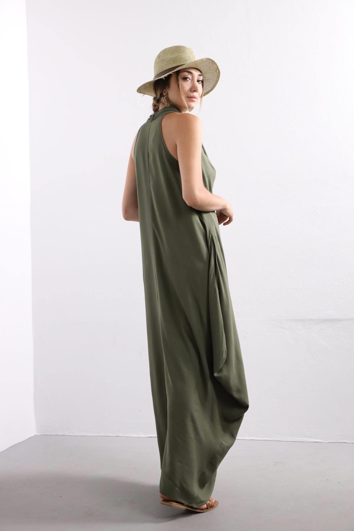 Khaki Cowl Neck Authentic Dress - Saman Butik | Shop Online Khaki Cowl Neck Authentic Dress