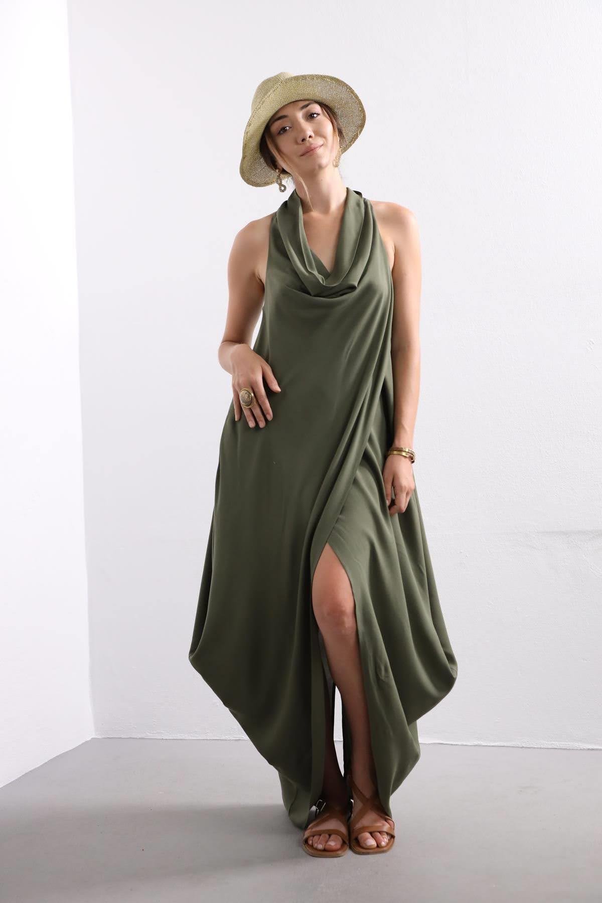 Khaki Cowl Neck Authentic Dress - Saman Butik | Shop Online Khaki Cowl Neck Authentic Dress