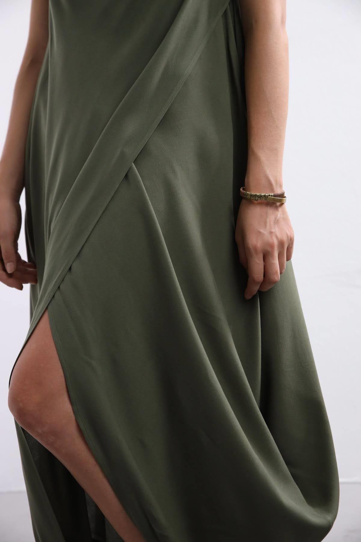 Khaki Cowl Neck Authentic Dress - Saman Butik | Shop Online Khaki Cowl Neck Authentic Dress