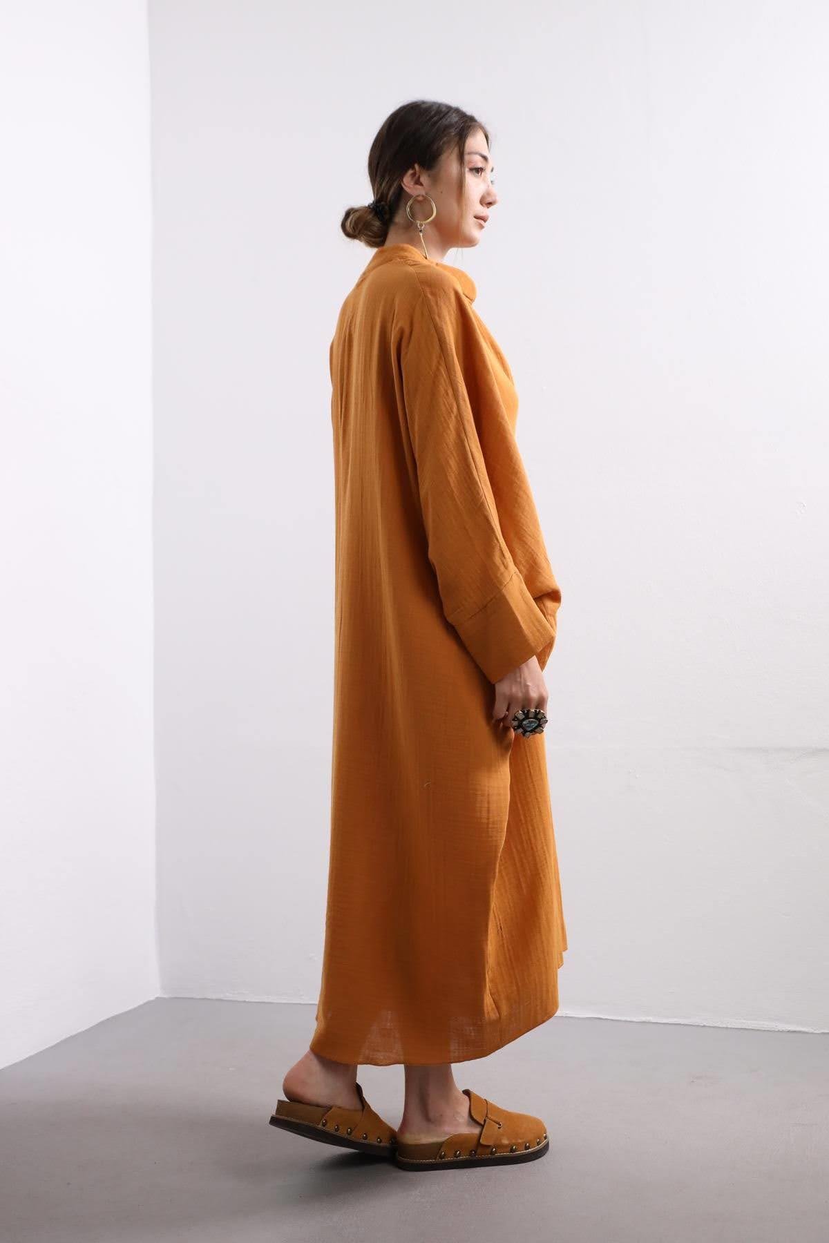 Hardal Rengi Hakim Yaka Oversize Müslin Elbise - Şaman Butik Hardal Rengi Hakim Yaka Oversize Müslin Elbise