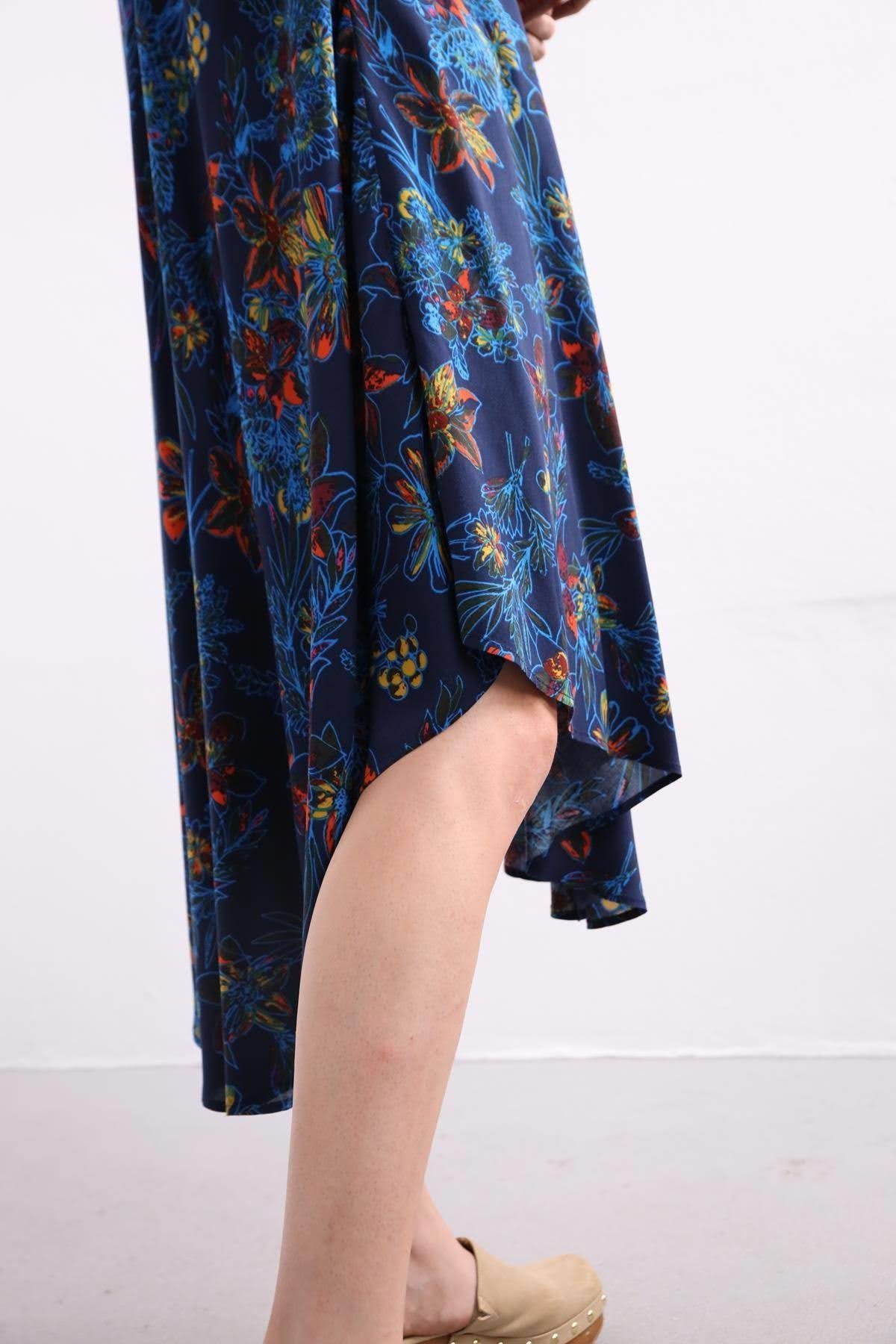  Navy Blue Patterned Boat Neck Sleeveless Dress