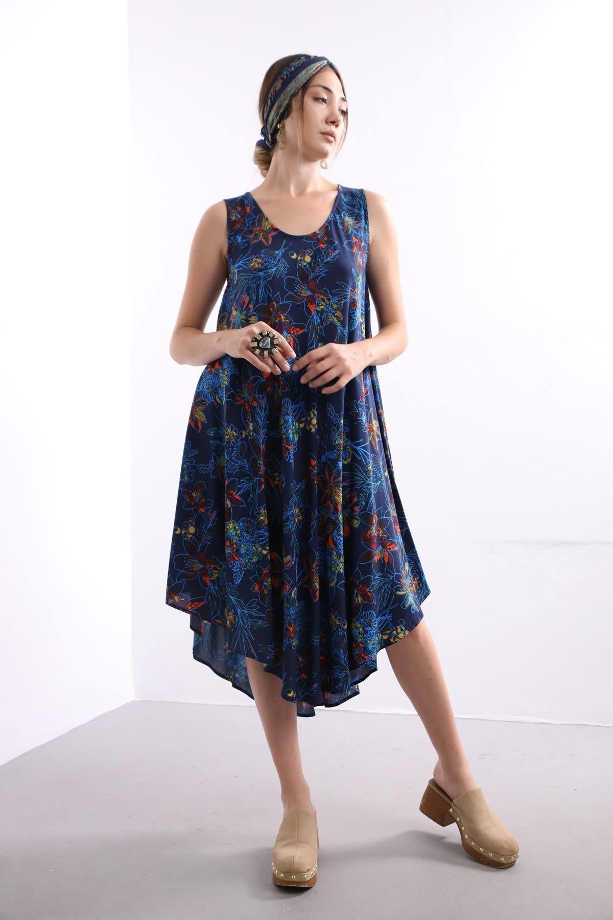  Navy Blue Patterned Boat Neck Sleeveless Dress